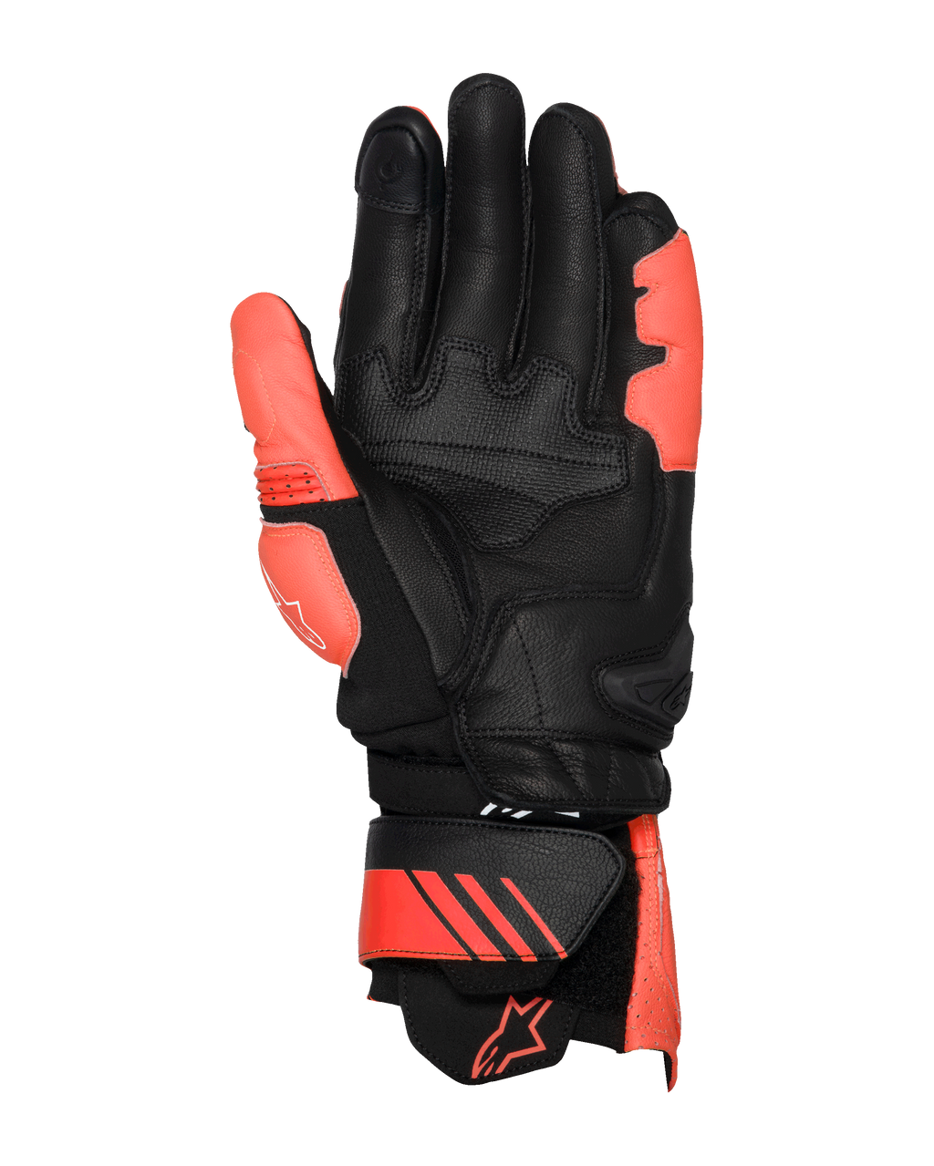 Alpinestars GP Plus R V3 Lederhandschuhe, Bright Red, Red Fluo und Schwarz, Handflächenansicht, mit verstärkten Handflächen- und Daumenbereichen aus Leder, verstellbarer Stulpe mit roten Akzenten und Logo, professionelles Rennsport-Design