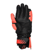 Alpinestars GP Plus R V3 Lederhandschuhe, Bright Red, Red Fluo und Schwarz, Handflächenansicht, mit verstärkten Handflächen- und Daumenbereichen aus Leder, verstellbarer Stulpe mit roten Akzenten und Logo, professionelles Rennsport-Design
