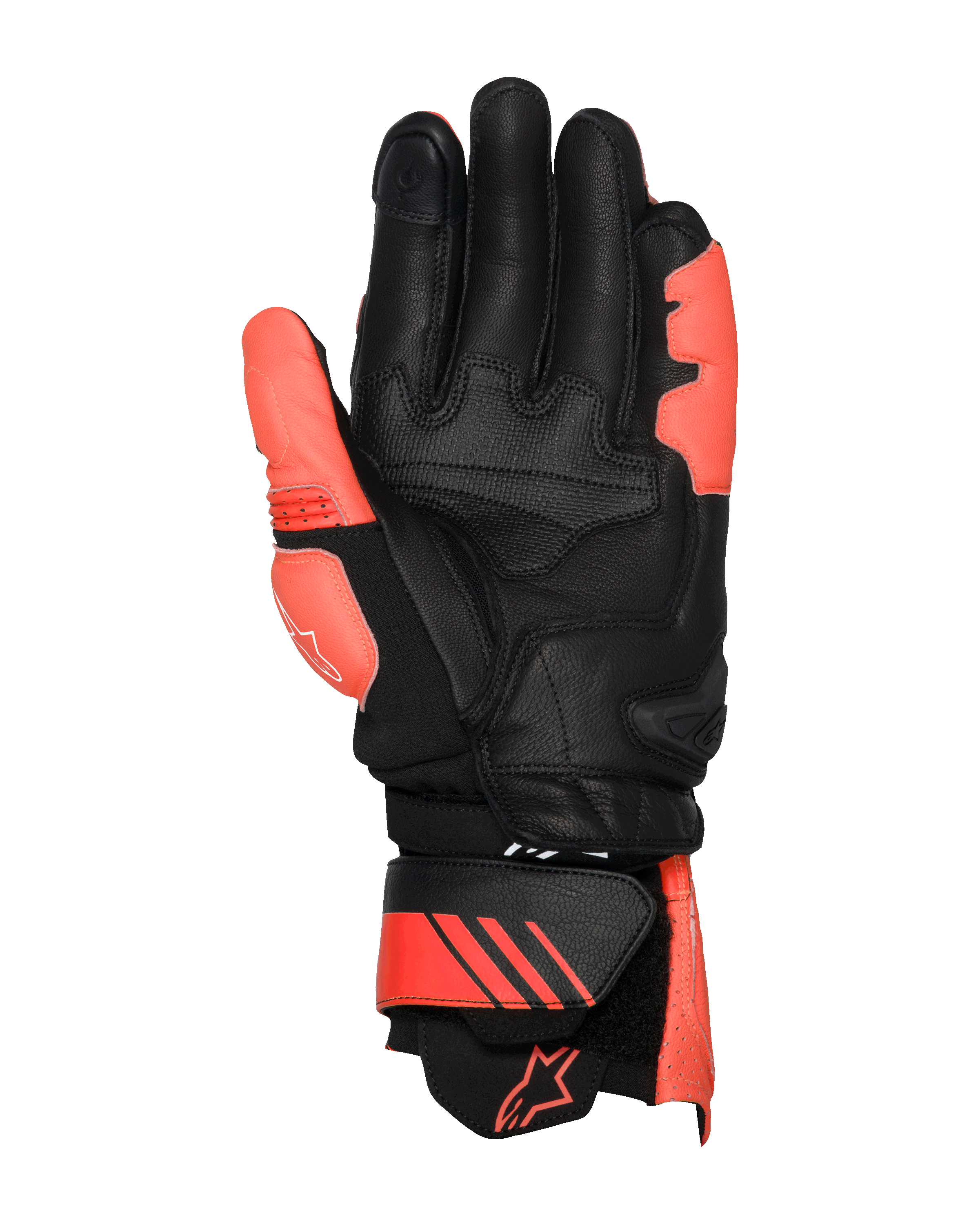 Alpinestars GP Plus R V3 Lederhandschuhe, Bright Red, Red Fluo und Schwarz, Handflächenansicht, mit verstärkten Handflächen- und Daumenbereichen aus Leder, verstellbarer Stulpe mit roten Akzenten und Logo, professionelles Rennsport-Design