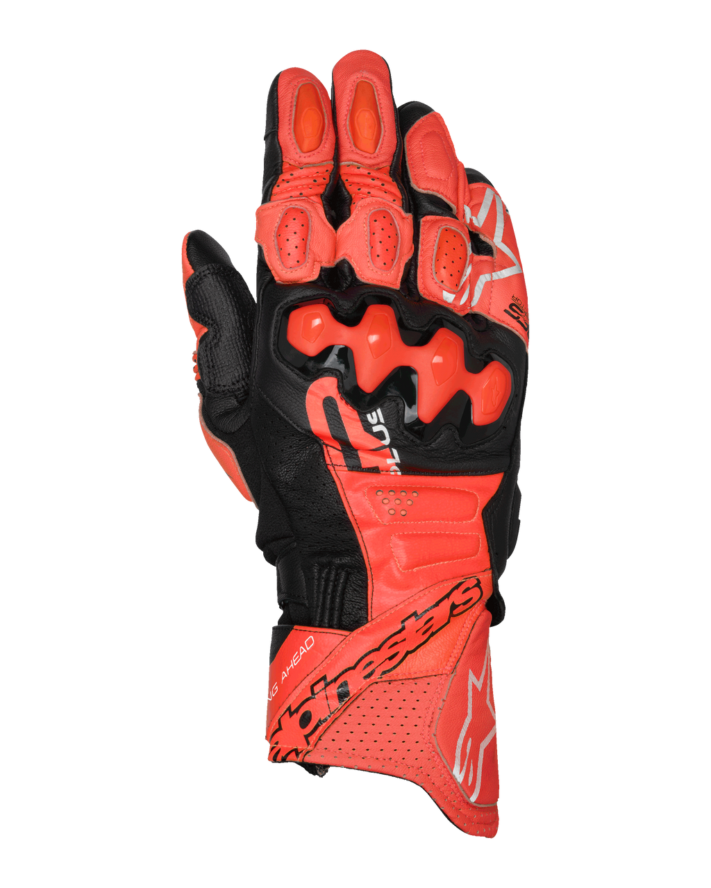 Alpinestars GP Plus R V3 Lederhandschuhe, Motorradrennhandschuhe, Hellrot, Fluo-Rot und Schwarz, Draufsicht mit Premium-Lederkonstruktion, TPU-Dual-Density-Knöchelprotektoren, perforierten Belüftungsbereichen, Fingerschleifern und markantem Alpinestars-Branding an der Stulpe.