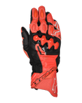 Alpinestars GP Plus R V3 Lederhandschuhe, Motorradrennhandschuhe, Hellrot, Fluo-Rot und Schwarz, Draufsicht mit Premium-Lederkonstruktion, TPU-Dual-Density-Knöchelprotektoren, perforierten Belüftungsbereichen, Fingerschleifern und markantem Alpinestars-Branding an der Stulpe.