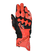 Alpinestars GP Plus R V3 Lederhandschuhe, Motorradrennhandschuhe, Hellrot, Fluo-Rot und Schwarz, Draufsicht mit Premium-Lederkonstruktion, TPU-Dual-Density-Knöchelprotektoren, perforierten Belüftungsbereichen, Fingerschleifern und markantem Alpinestars-Branding an der Stulpe.
