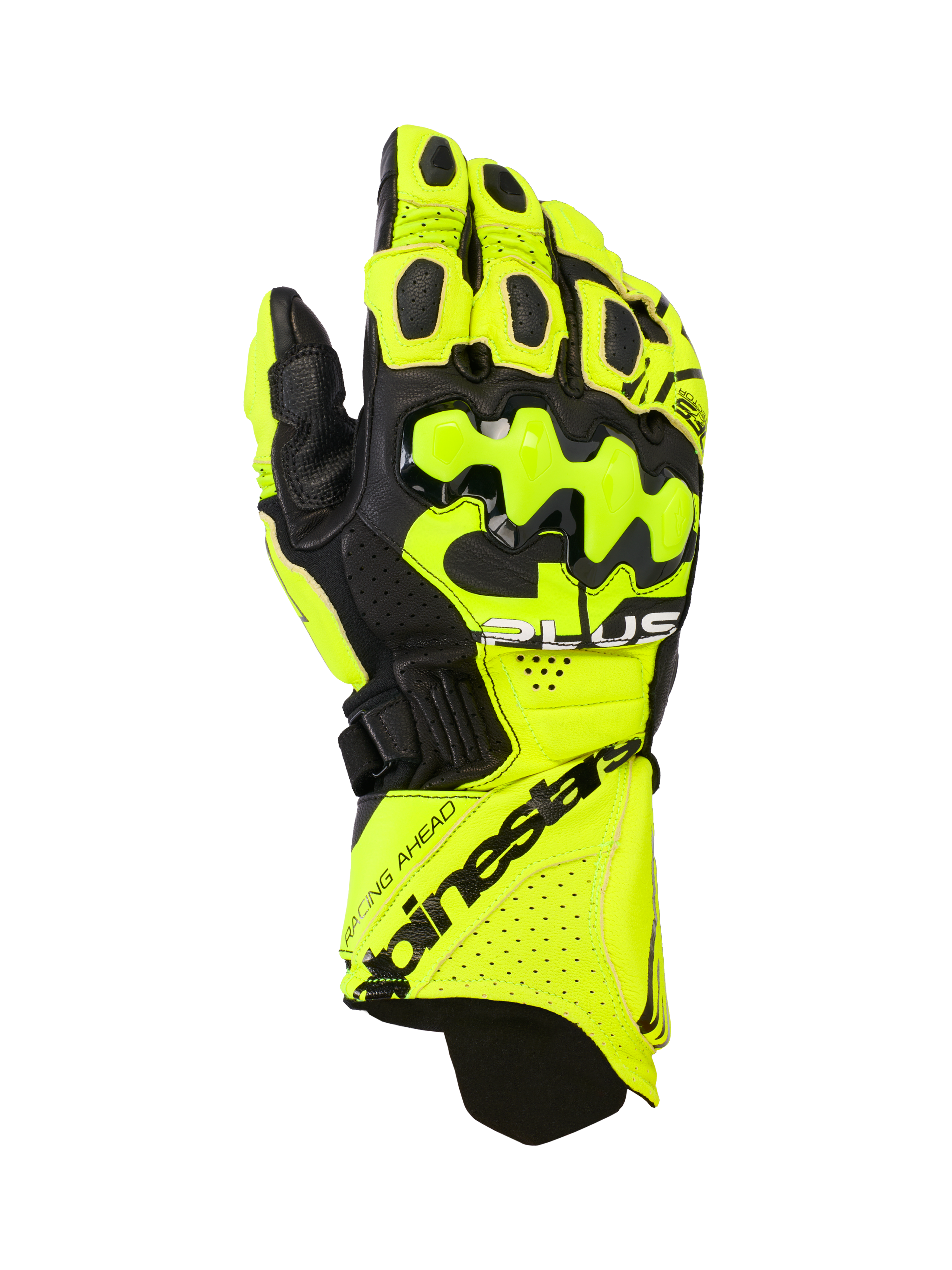 Alpinestars GP Plus R V3 Leather Gloves, Motorcycle Racing Gloves, Yellow Fluo and Black, featuring hard knuckle protectors, perforated ventilation zones, and secure cuff closure with bold branding.