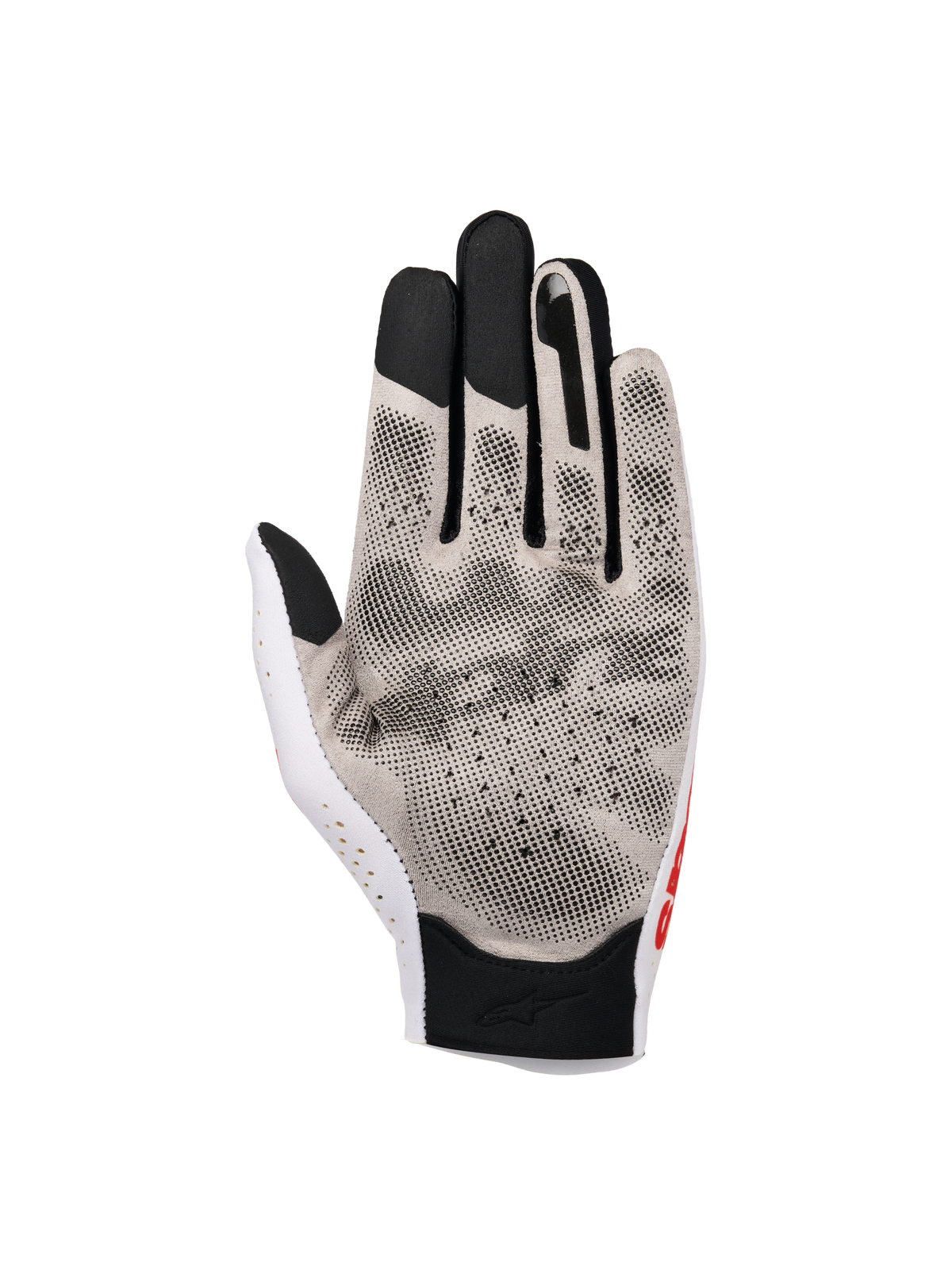 Alpinestars Sim Gloves Graphic 1, SIM Racing Gloves, Silver Ice Black and Red Tangerine, palm view featuring 3D grip print and Nanofront® fabric, perforated thumb section, and black touchscreen-compatible fingertips for virtual racing performance.
