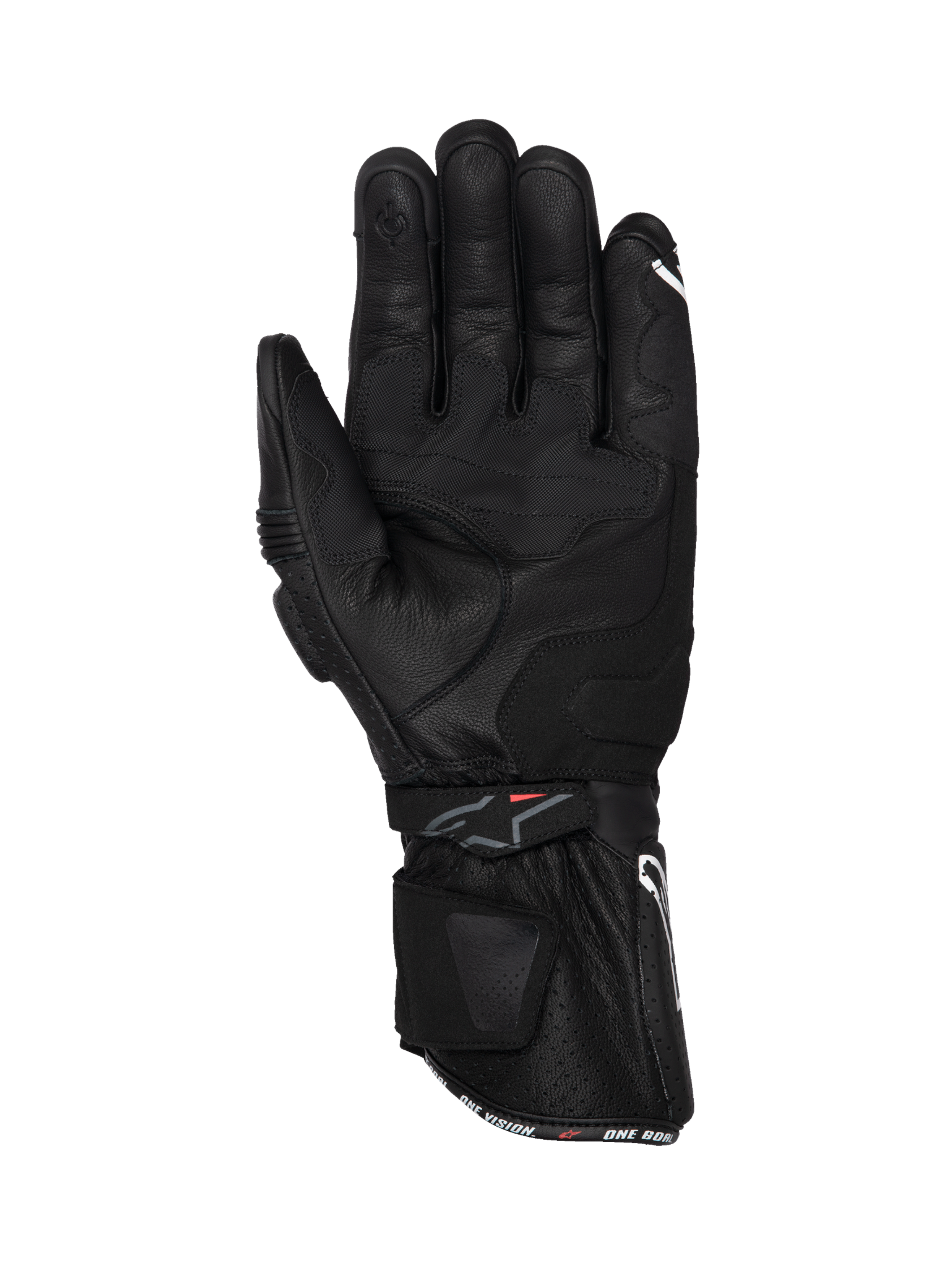 Alpinestars SP-3 Handschuhe, Motorradhandschuhe aus Leder, Schwarz, lange Stulpe mit verstärktem Grip, Handflächenansicht.