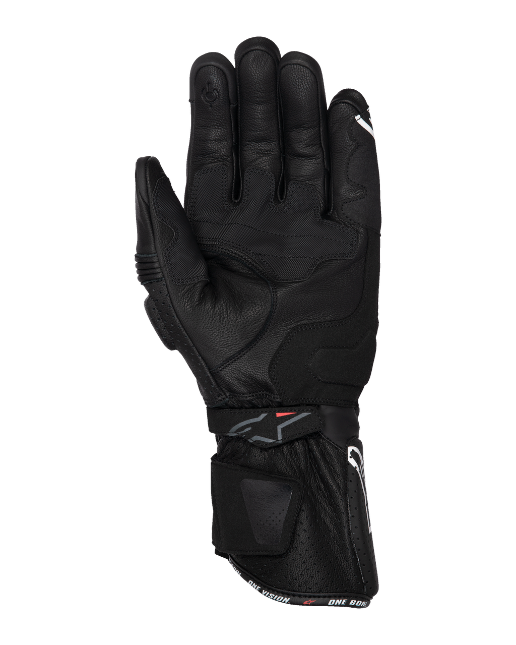 Alpinestars SP-3 Handschuhe, Schwarze Motorradhandschuhe, Handflächenansicht mit Volllederkonstruktion, lange Stulpe mit dualem Verschlusssystem, Grip-Verstärkungen an der Handfläche und Touchscreen-kompatible Fingerspitze, rennsportinspirierte Straßenausrüstung