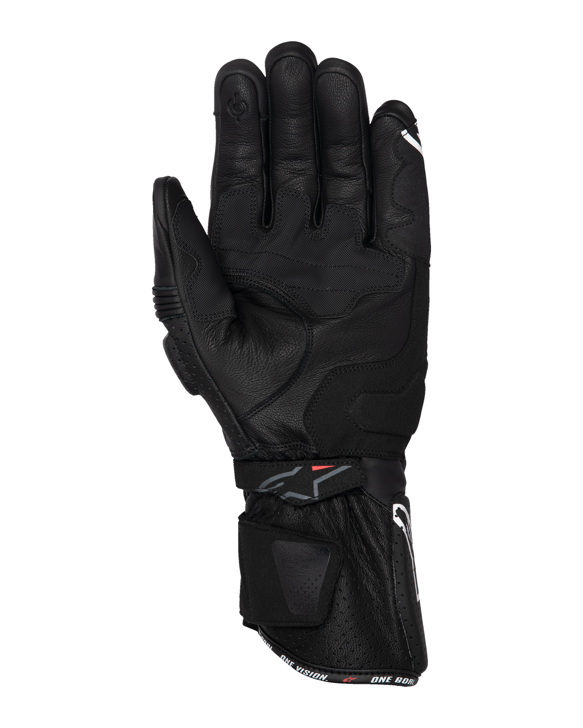 Alpinestars SP-3 Handschuhe, Schwarze Motorradhandschuhe, Handflächenansicht mit Volllederkonstruktion, lange Stulpe mit dualem Verschlusssystem, Grip-Verstärkungen an der Handfläche und Touchscreen-kompatible Fingerspitze, rennsportinspirierte Straßenausrüstung