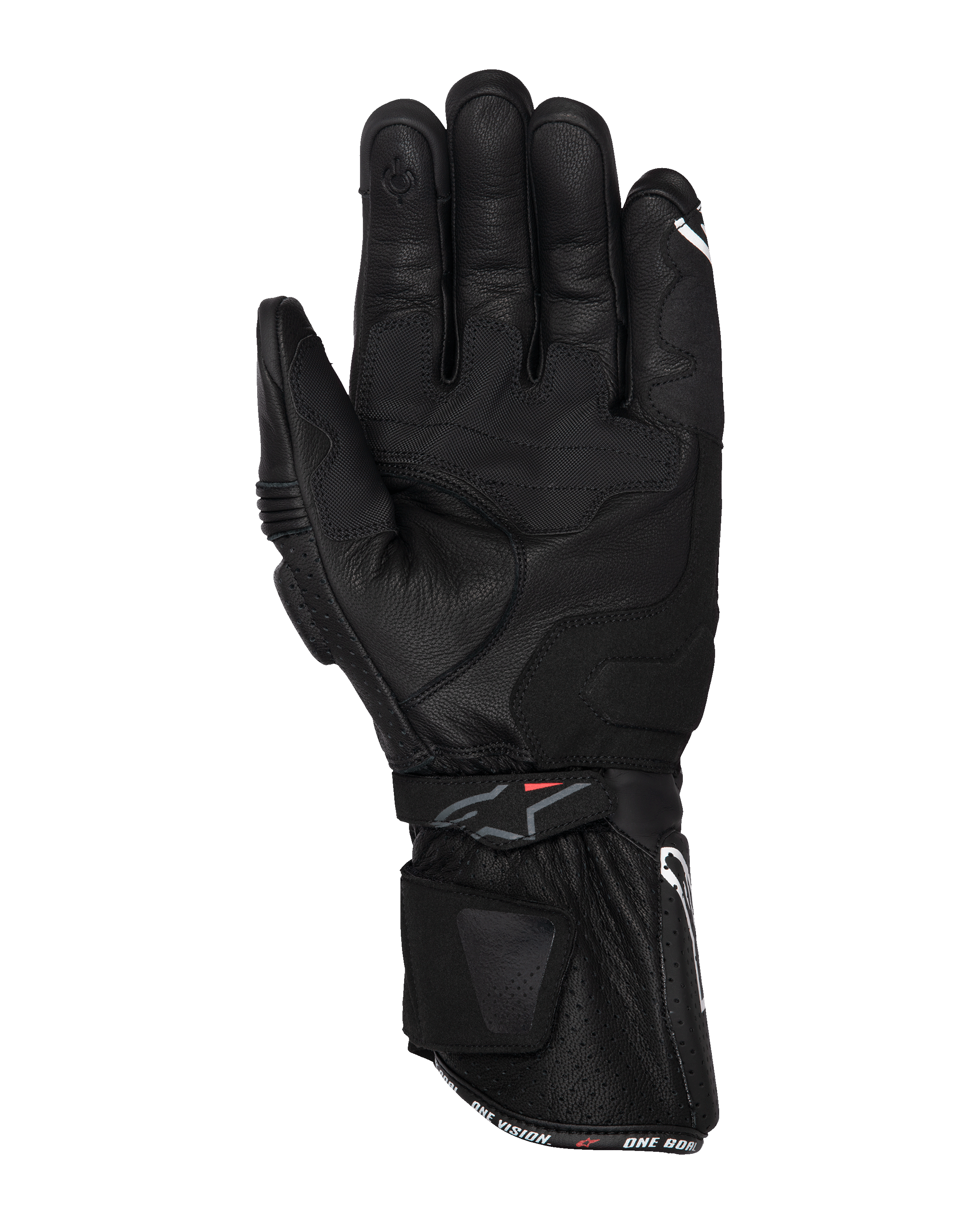 Alpinestars SP-3 Handschuhe, Schwarze Motorradhandschuhe, Handflächenansicht mit Volllederkonstruktion, lange Stulpe mit dualem Verschlusssystem, Grip-Verstärkungen an der Handfläche und Touchscreen-kompatible Fingerspitze, rennsportinspirierte Straßenausrüstung