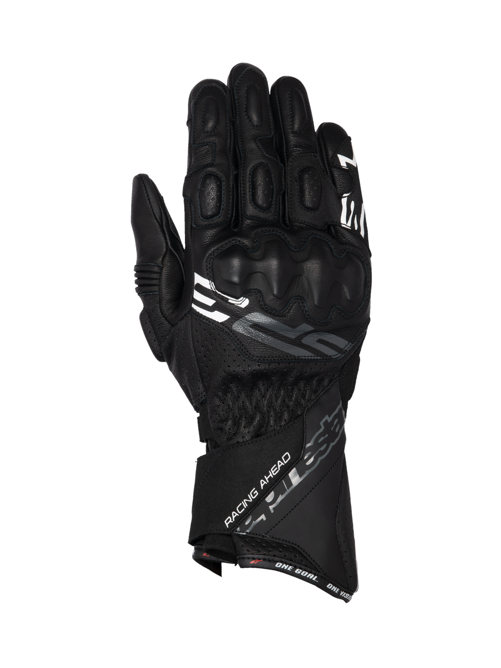 Alpinestars SP-3 Handschuhe, schwarze Motorrad-Rennhandschuhe aus Leder mit langem Schaft und integriertem Knöchelschutz.