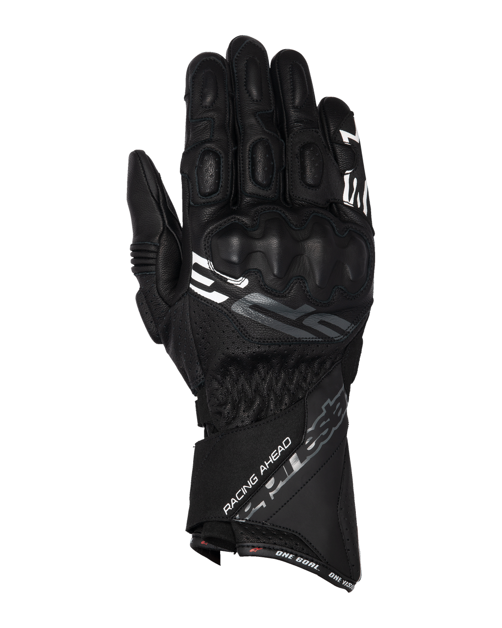 Alpinestars SP-3 Handschuhe, Motorrad-Rennhandschuhe mit langer Stulpe, Schwarz mit weißen und grauen Akzenten, PU-beschichteter Knöchelschutz, texturierte Lederkonstruktion mit perforierten Details, verstellbarer Stulpenverschluss