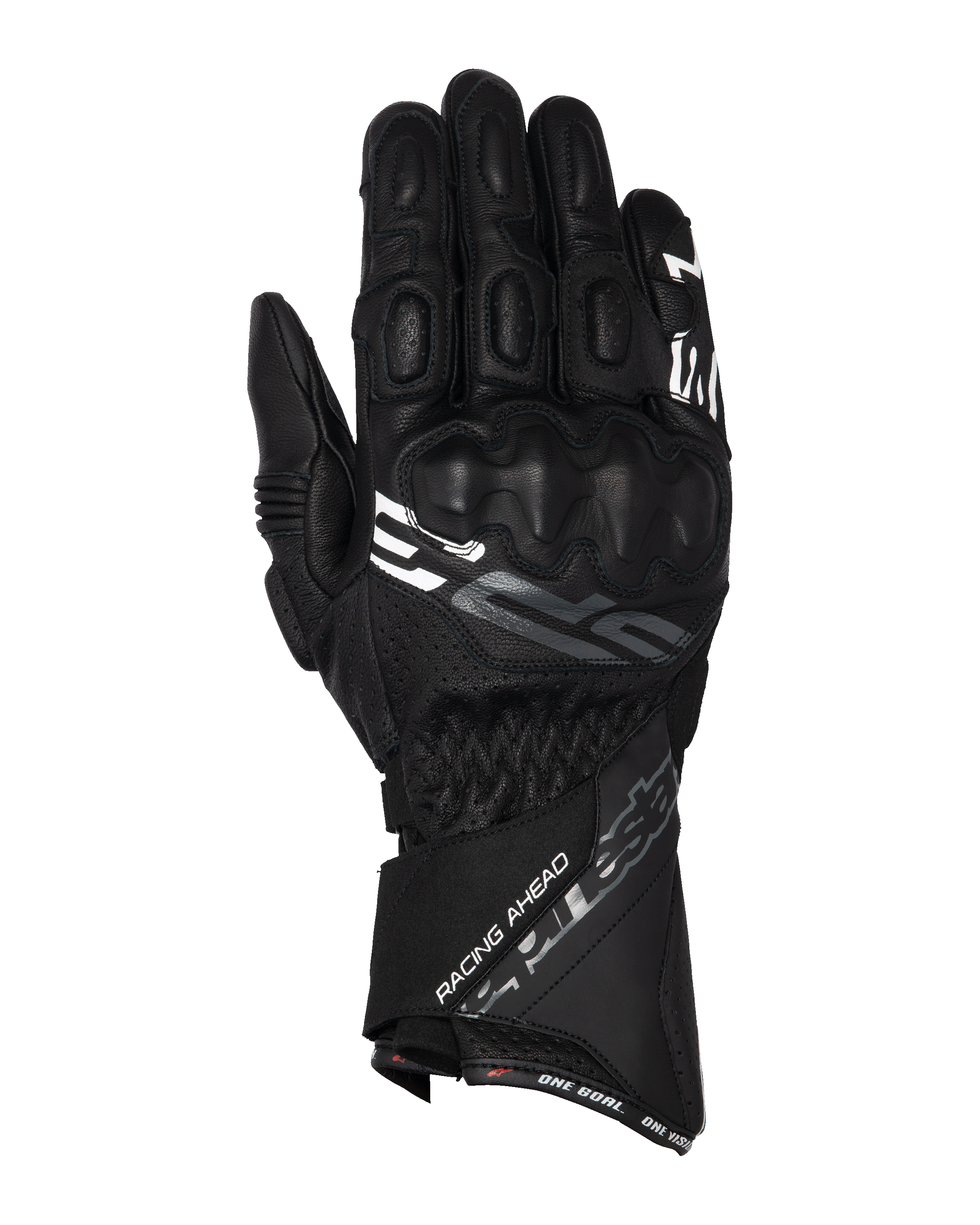 Alpinestars SP-3 Handschuhe, Motorrad-Rennhandschuhe mit langer Stulpe, Schwarz mit weißen und grauen Akzenten, PU-beschichteter Knöchelschutz, texturierte Lederkonstruktion mit perforierten Details, verstellbarer Stulpenverschluss
