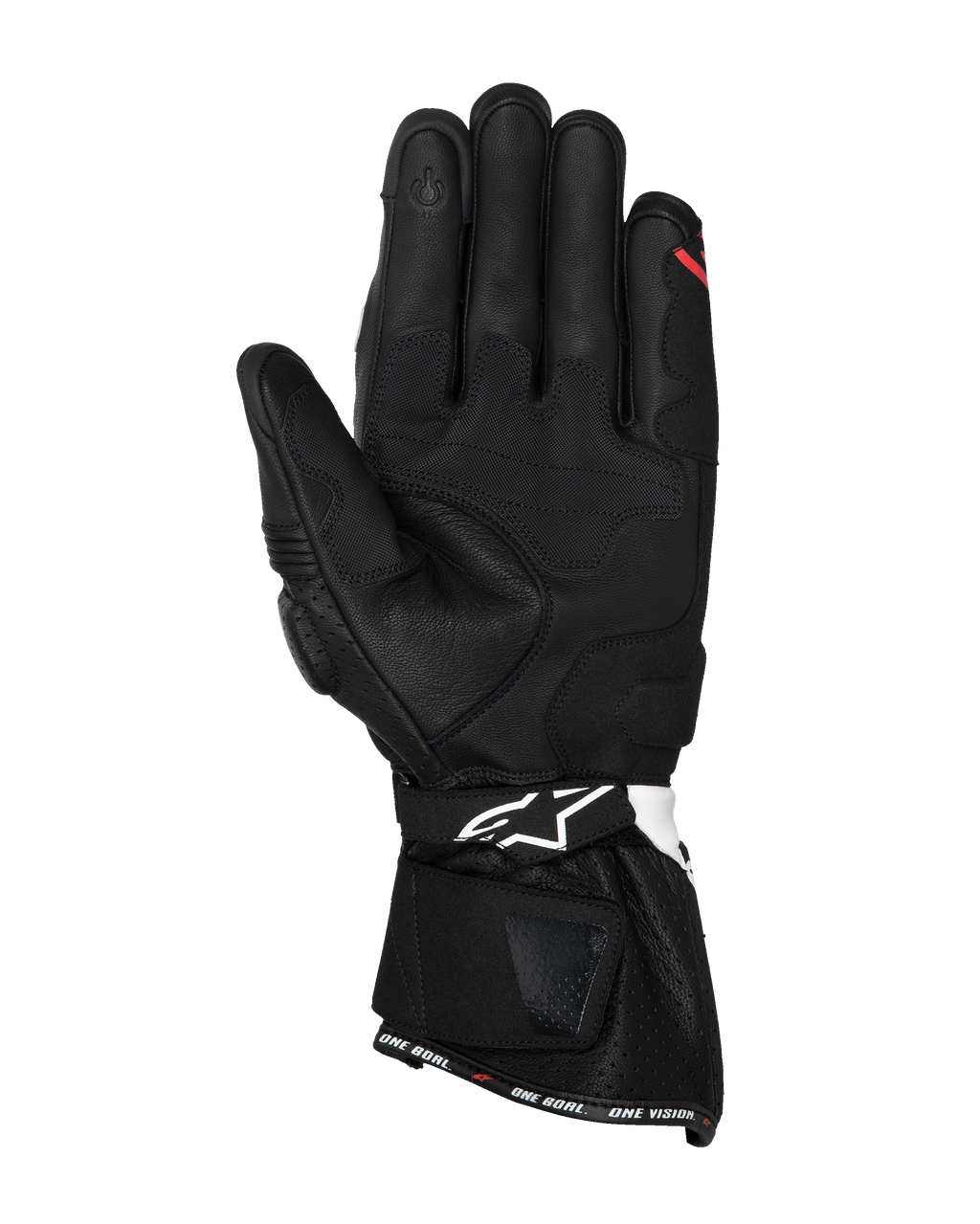 Alpinestars SP-3 Handschuhe, schwarze Motorradhandschuhe aus Leder, Handflächenansicht mit verstärkten Grip-Panels, touchscreen-kompatibler Zeigefinger, lange Manschette mit weißem Logo auf dem Handgelenkriemen und 'ONE GOAL. ONE VISION.' Branding am Saum.