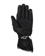 Alpinestars SP-3 Handschuhe, schwarze Motorradhandschuhe aus Leder, Handflächenansicht mit verstärkten Grip-Panels, touchscreen-kompatibler Zeigefinger, lange Manschette mit weißem Logo auf dem Handgelenkriemen und 'ONE GOAL. ONE VISION.' Branding am Saum.