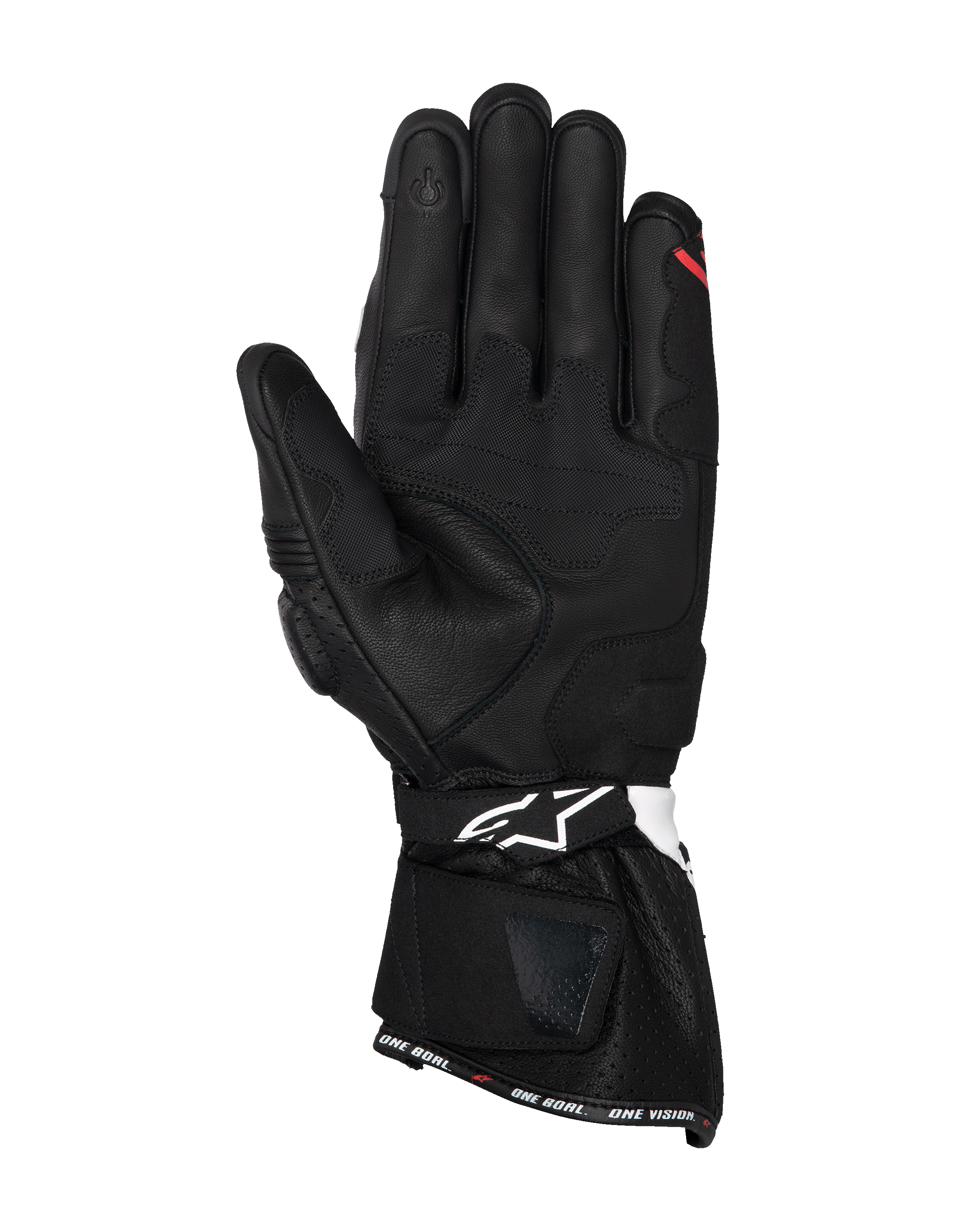 Alpinestars SP-3 Handschuhe, schwarze Motorradhandschuhe aus Leder, Handflächenansicht mit verstärkten Grip-Panels, touchscreen-kompatibler Zeigefinger, lange Manschette mit weißem Logo auf dem Handgelenkriemen und 'ONE GOAL. ONE VISION.' Branding am Saum.