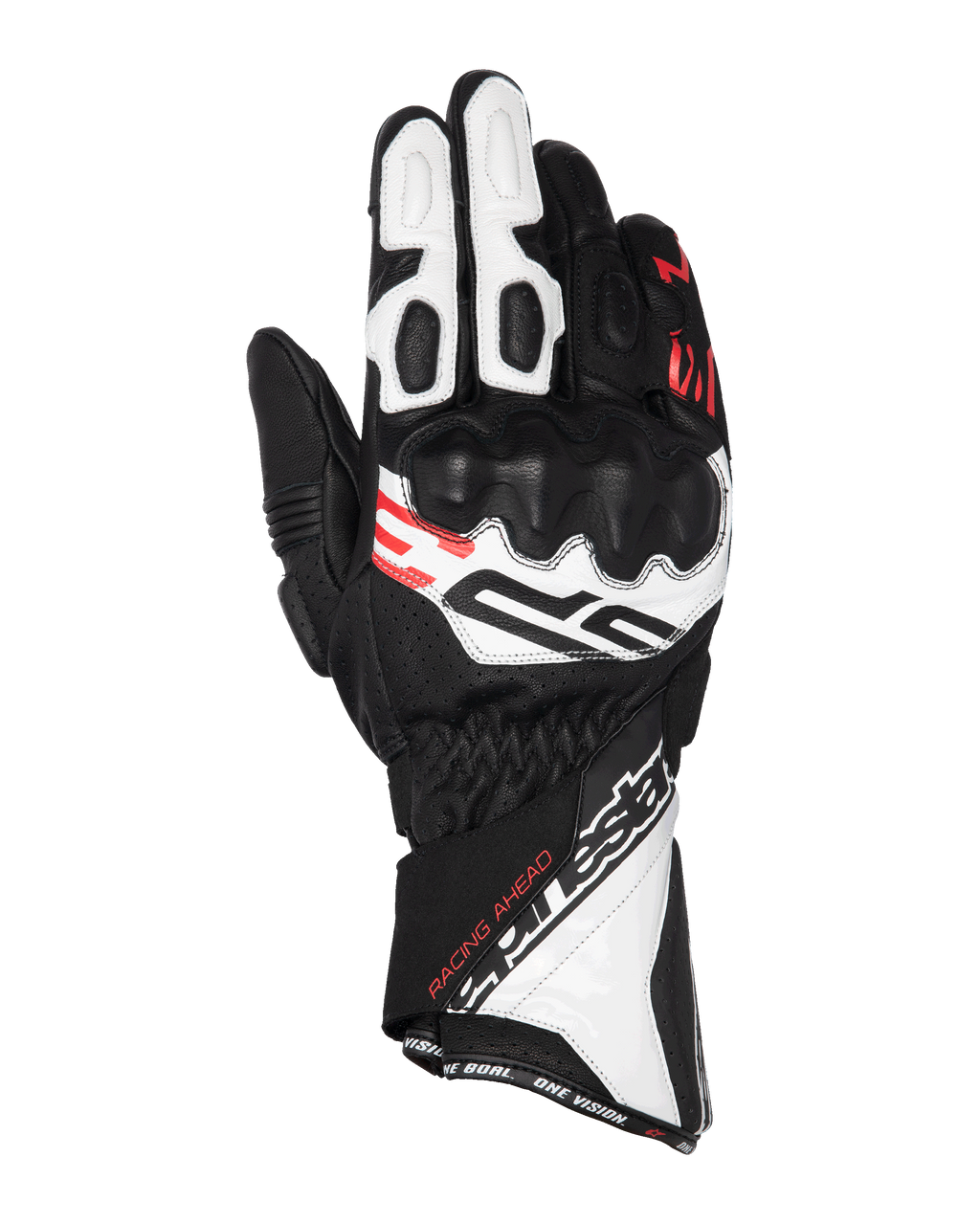 Alpinestars SP-3 Handschuhe, Motorrad-Rennhandschuhe, Schwarz, Weiß und Neonrot, langes Manschettendesign mit verstärktem Knöchelschutz, perforierte Lederkonstruktion, mit „Racing Ahead“-Schriftzug und markantem Alpinestars-Branding