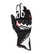Alpinestars SP-3 Handschuhe, Motorrad-Rennhandschuhe, Schwarz, Weiß und Neonrot, langes Manschettendesign mit verstärktem Knöchelschutz, perforierte Lederkonstruktion, mit „Racing Ahead“-Schriftzug und markantem Alpinestars-Branding