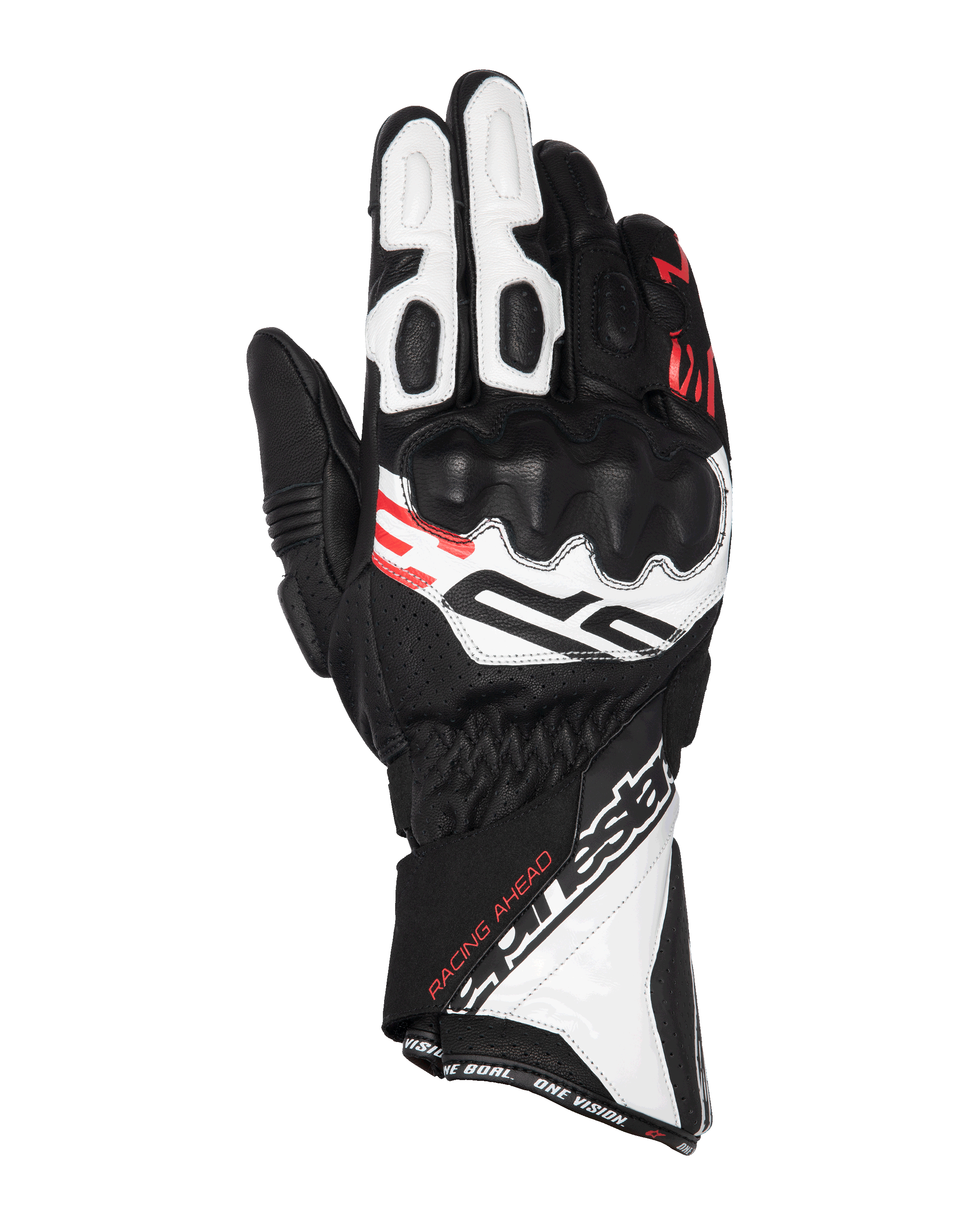 Alpinestars SP-3 Handschuhe, Motorrad-Rennhandschuhe, Schwarz, Weiß und Neonrot, langes Manschettendesign mit verstärktem Knöchelschutz, perforierte Lederkonstruktion, mit „Racing Ahead“-Schriftzug und markantem Alpinestars-Branding