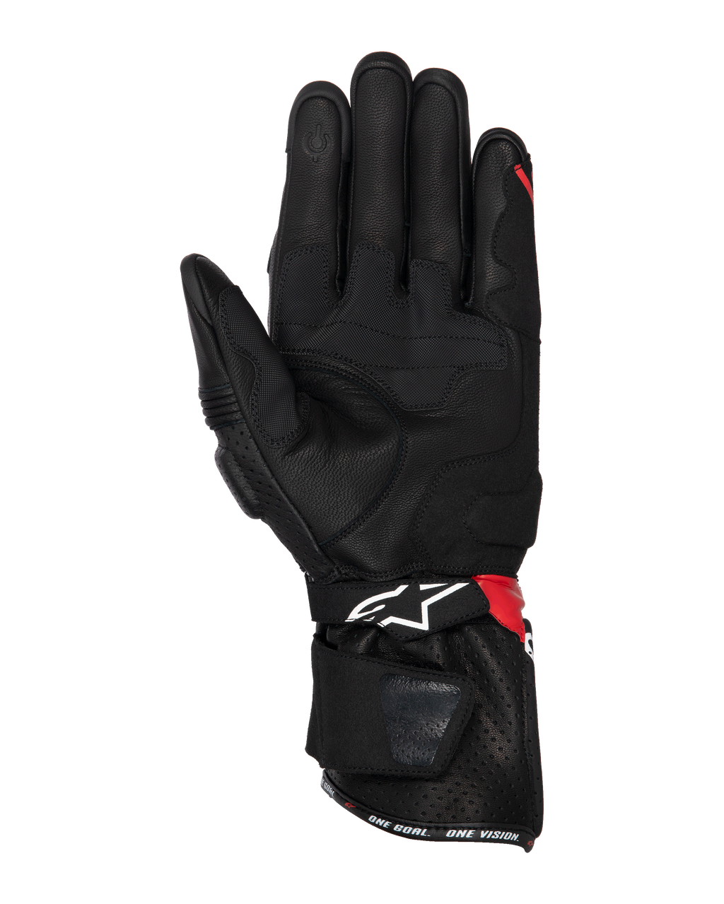Alpinestars SP-3 Handschuhe, Motorradhandschuhe, Schwarz, Leuchtendes Rot und Weiß, Innenhandansicht mit Lederkonstruktion und Grip-Verstärkungen, touchscreen-kompatible Fingerspitze, lange Stulpe mit weißem Logo und roten Akzenten, Sport- und Renndesign.