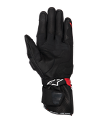 Alpinestars SP-3 Handschuhe, Motorradhandschuhe, Schwarz, Leuchtendes Rot und Weiß, Innenhandansicht mit Lederkonstruktion und Grip-Verstärkungen, touchscreen-kompatible Fingerspitze, lange Stulpe mit weißem Logo und roten Akzenten, Sport- und Renndesign.