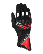 Alpinestars SP-3 Handschuhe, Motorrad-Rennhandschuhe mit langer Stulpe, Schwarz mit leuchtend roten und weißen Akzenten, PU-beschichteter Knöchelschutz, weiße perforierte Fingereinsätze, vom Rennsport inspiriertes Design mit auffälligem Branding, strapazierfähige Konstruktion aus Ziegenleder