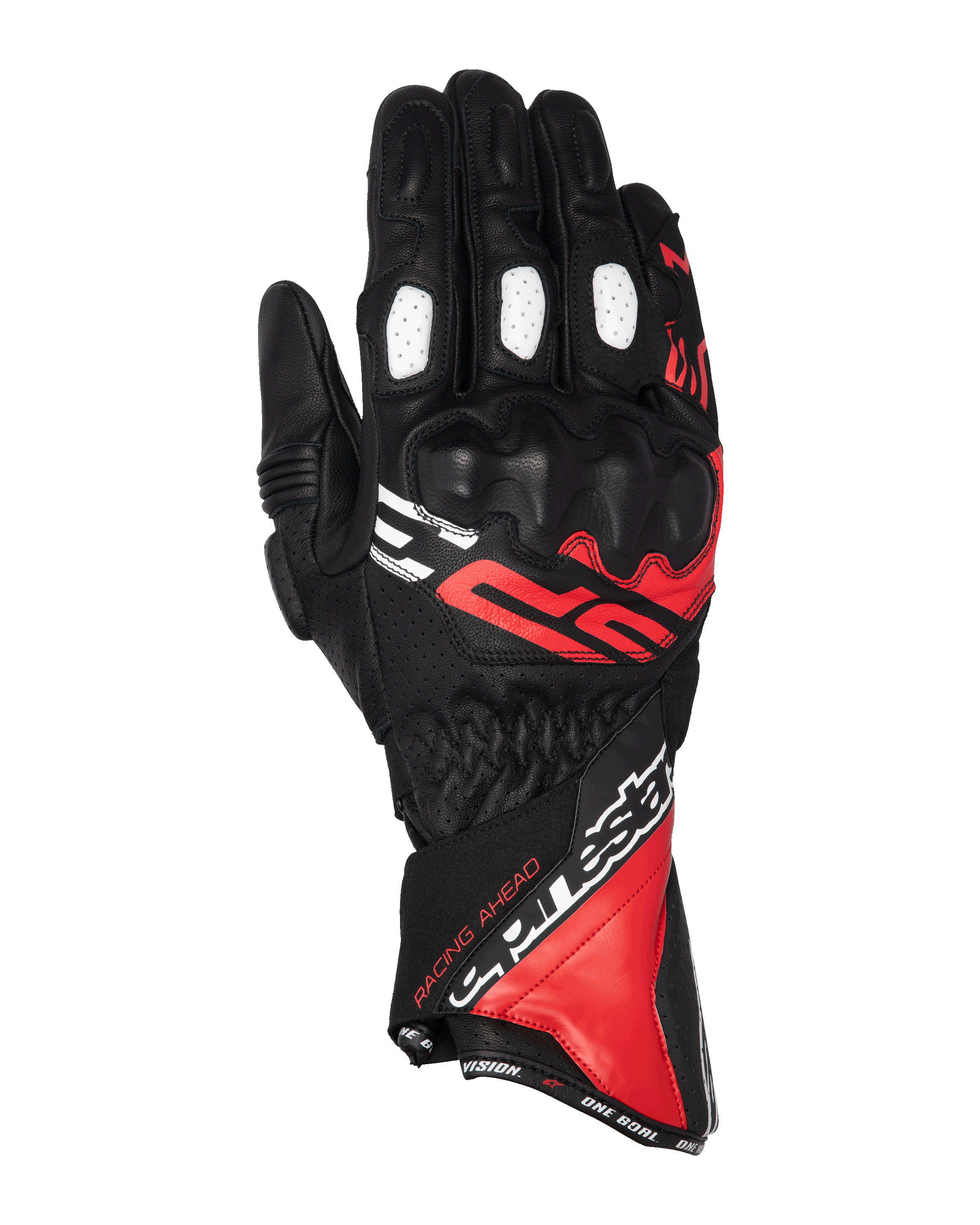 Alpinestars SP-3 Handschuhe, Motorrad-Rennhandschuhe mit langer Stulpe, Schwarz mit leuchtend roten und weißen Akzenten, PU-beschichteter Knöchelschutz, weiße perforierte Fingereinsätze, vom Rennsport inspiriertes Design mit auffälligem Branding, strapazierfähige Konstruktion aus Ziegenleder