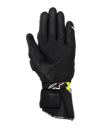Alpinestars SP-3 Gloves, Motorcycle Road Gloves, Black and Yellow Fluo, palm side view showing goat leather construction, padded palm reinforcements, long cuff with adjustable strap, and touchscreen compatible index finger