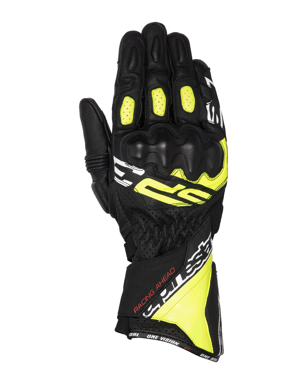 Alpinestars SP-3 Gloves, Motorcycle Racing Gloves, Black Yellow Fluo and White, long cuff design with reinforced knuckle protection, full goat leather construction, accordion flex panels on fingers, and secure dual closure system