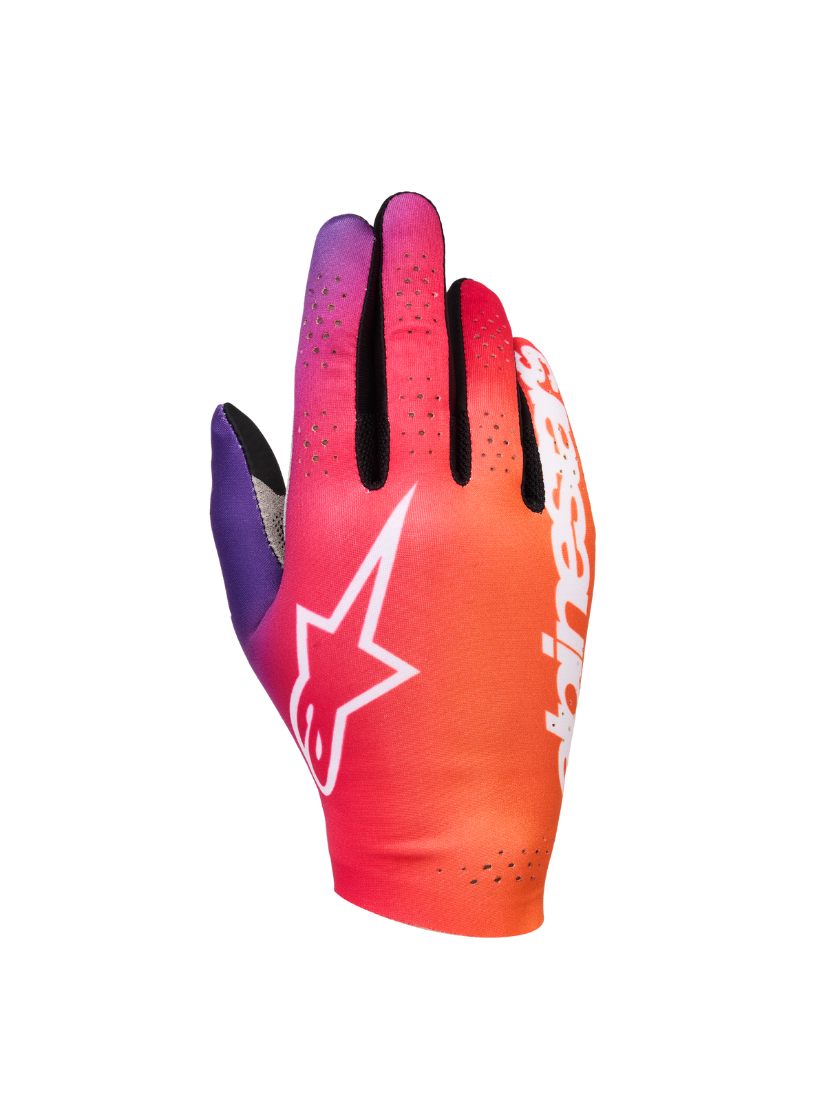 Alpinestars Sim Gloves Graphic 2, Sim-Racing-Handschuhe, Farbverlauf in Orange, Neon-Lila und Weiß, weißes Stern-Logo, perforierte Belüftungsdetails, leichtes Stretchgewebe mit schwarzen Mesh-Akzenten