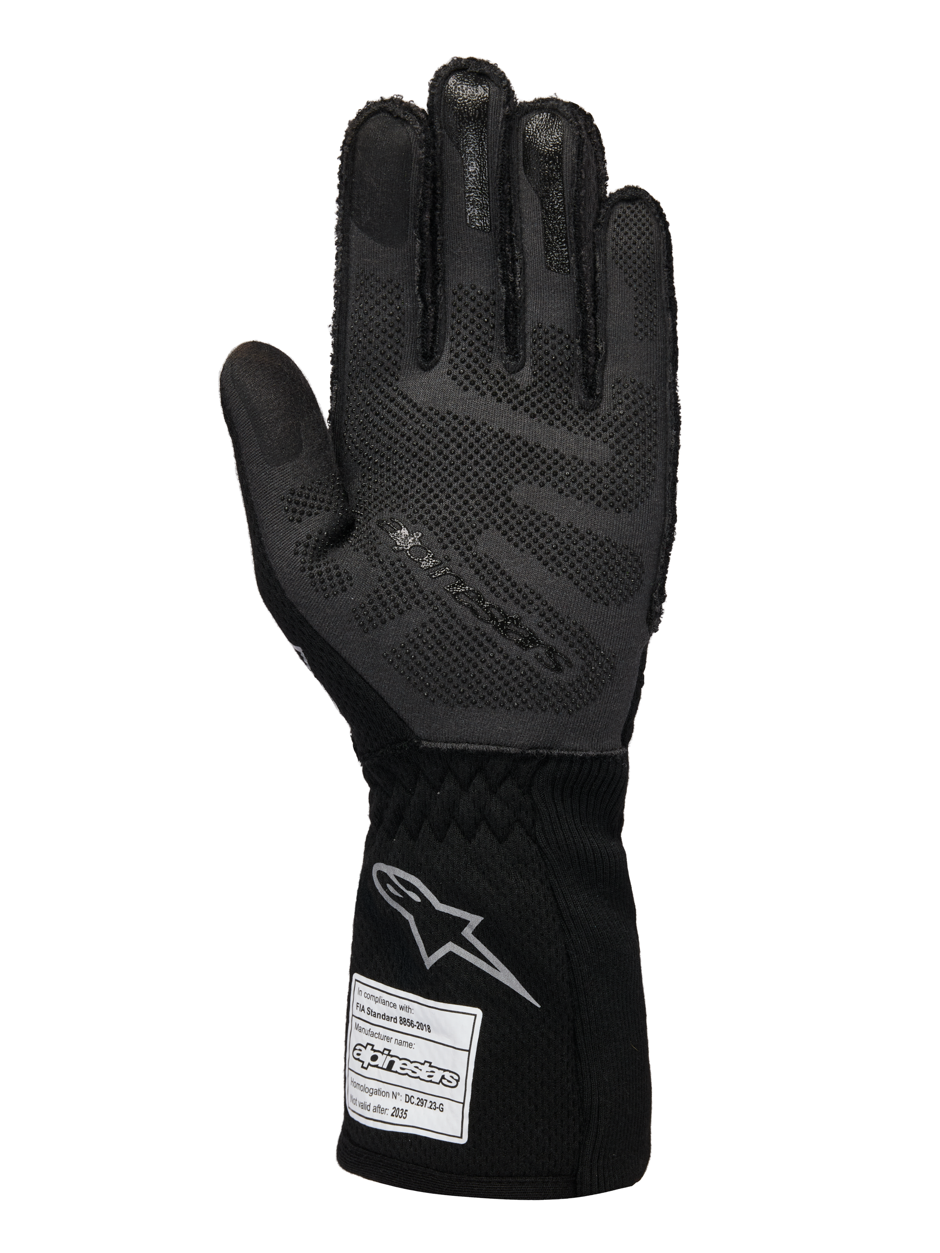 Alpinestars Limited Edition Lamborghini Tech-1 ZX V4 Gloves, Auto Racing Gloves, Black and Dark Gray, palm view featuring 3D silicone grip technology, silver logo on the cuff, FIA homologation tag, professional motorsport gear