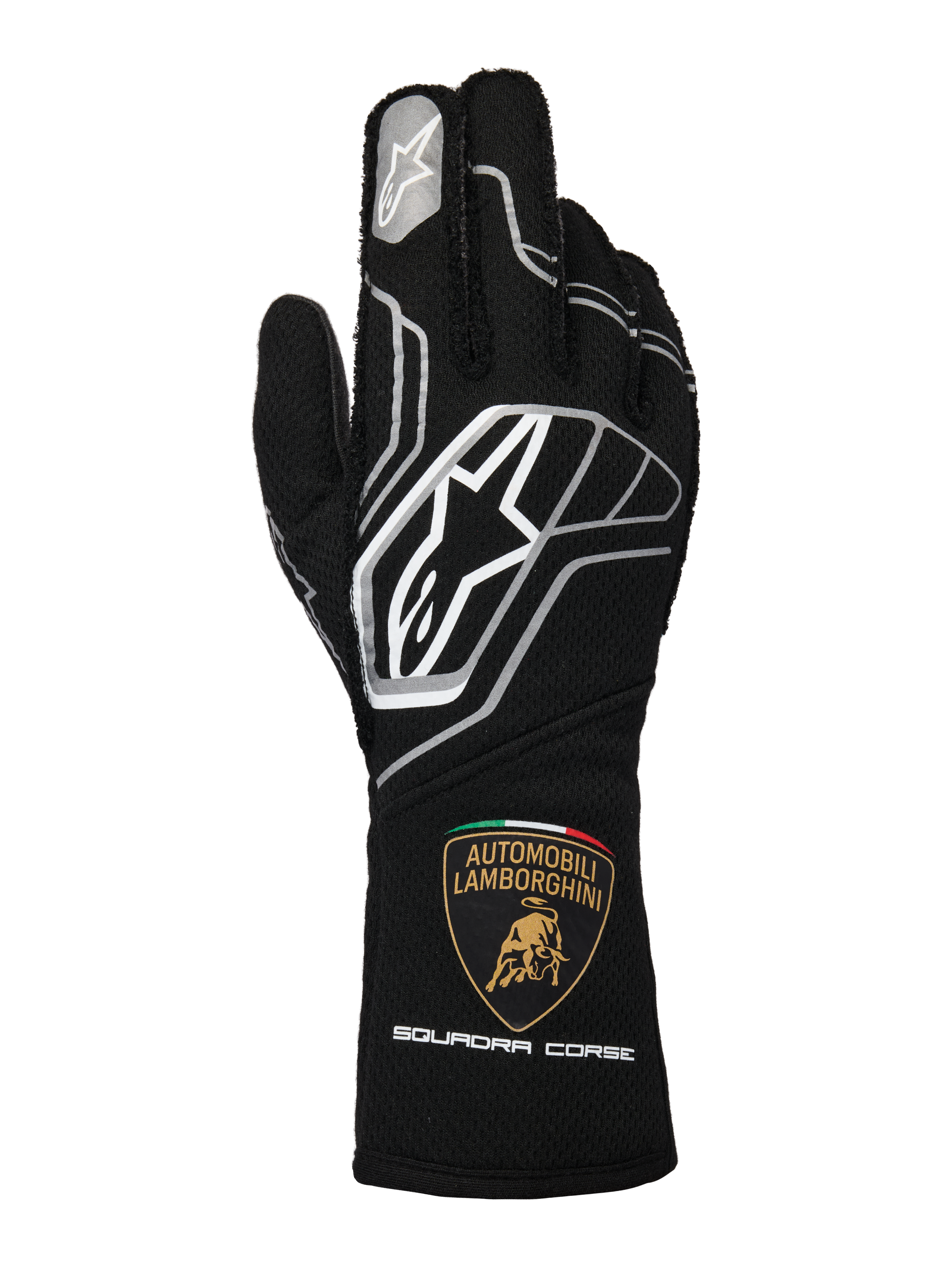 Alpinestars Limited Edition Lamborghini Tech-1 ZX V4 Gloves, Black with Dark Gray and White accents, featuring the prominent Alpinestars logo and the Automobili Lamborghini Squadra Corse shield on the cuff, professional FIA-certified auto racing gloves