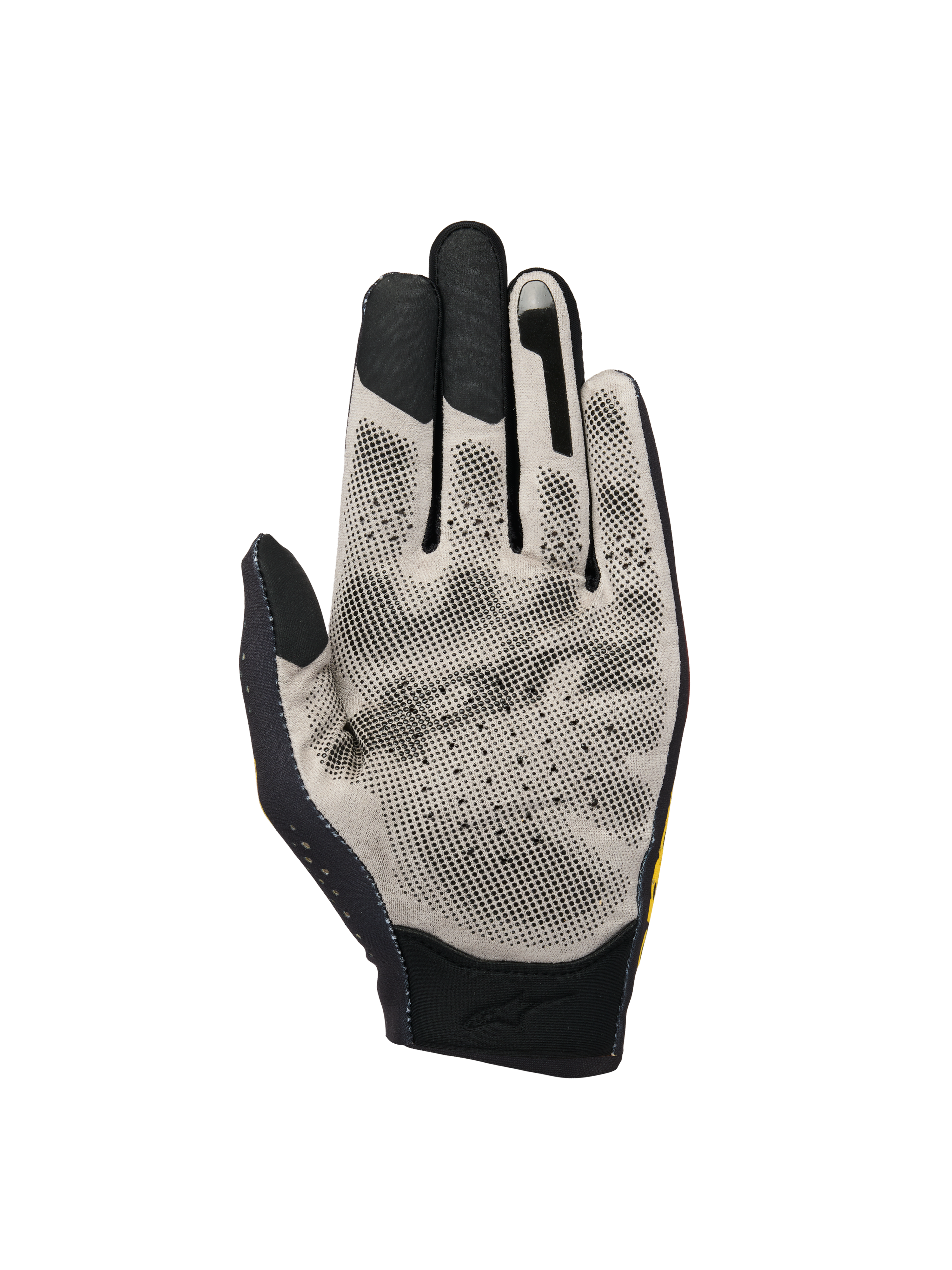Alpinestars Sim Gloves Graphic 3, SIM Racing Gloves, palm view showing light grey Nanofront® fabric with black 3D dotted grip pattern, touchscreen-compatible fingertips, and breathable perforated construction for virtual racing.