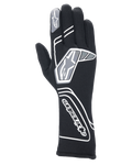 Alpinestars Tech-1 Start V4 Gloves FIA, professional auto racing gloves in Black, featuring white and grey geometric patterns with Alpinestars branding, extended cuff for fire and heat protection, lightweight pre-curved design for motorsport use