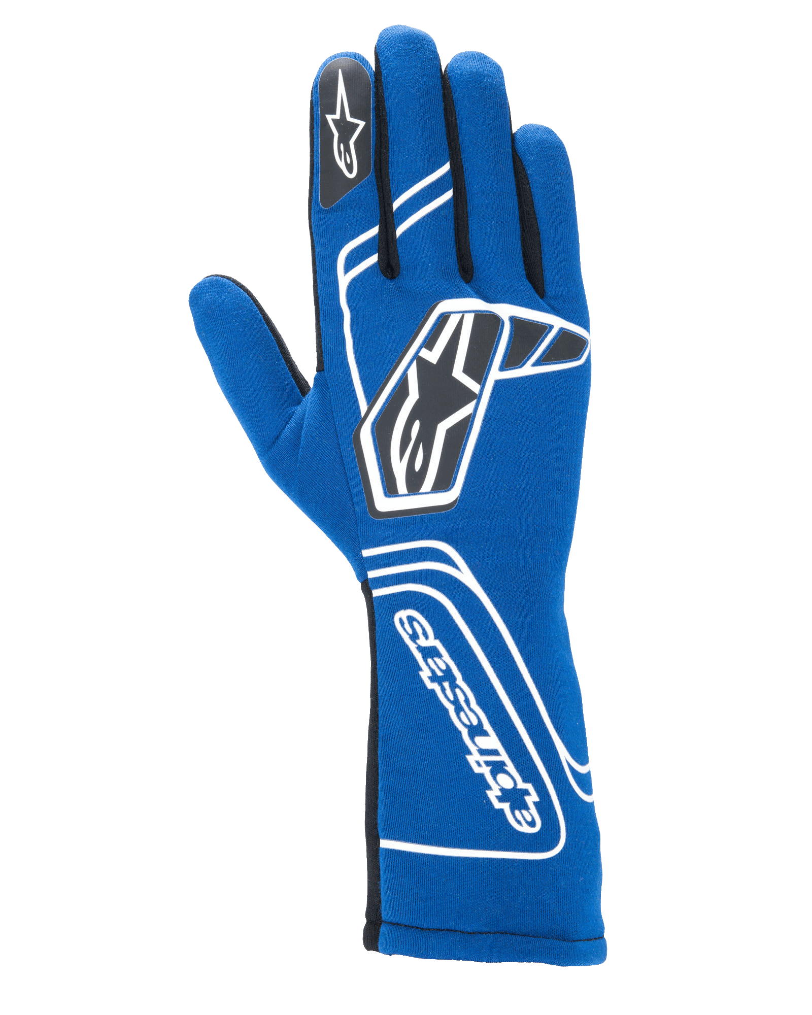 Alpinestars Tech-1 Start V4 Handschuhe FIA, Auto-Rennhandschuhe, Königsblau, mit weißen geometrischen Markenelementen und schwarzen Stern-Logos, verlängerte Manschette mit vertikalem Alpinestars-Schriftzug, nahtlose Konstruktion für Leichtbau-Performance, FIA-zertifizierte Profi-Rennausrüstung