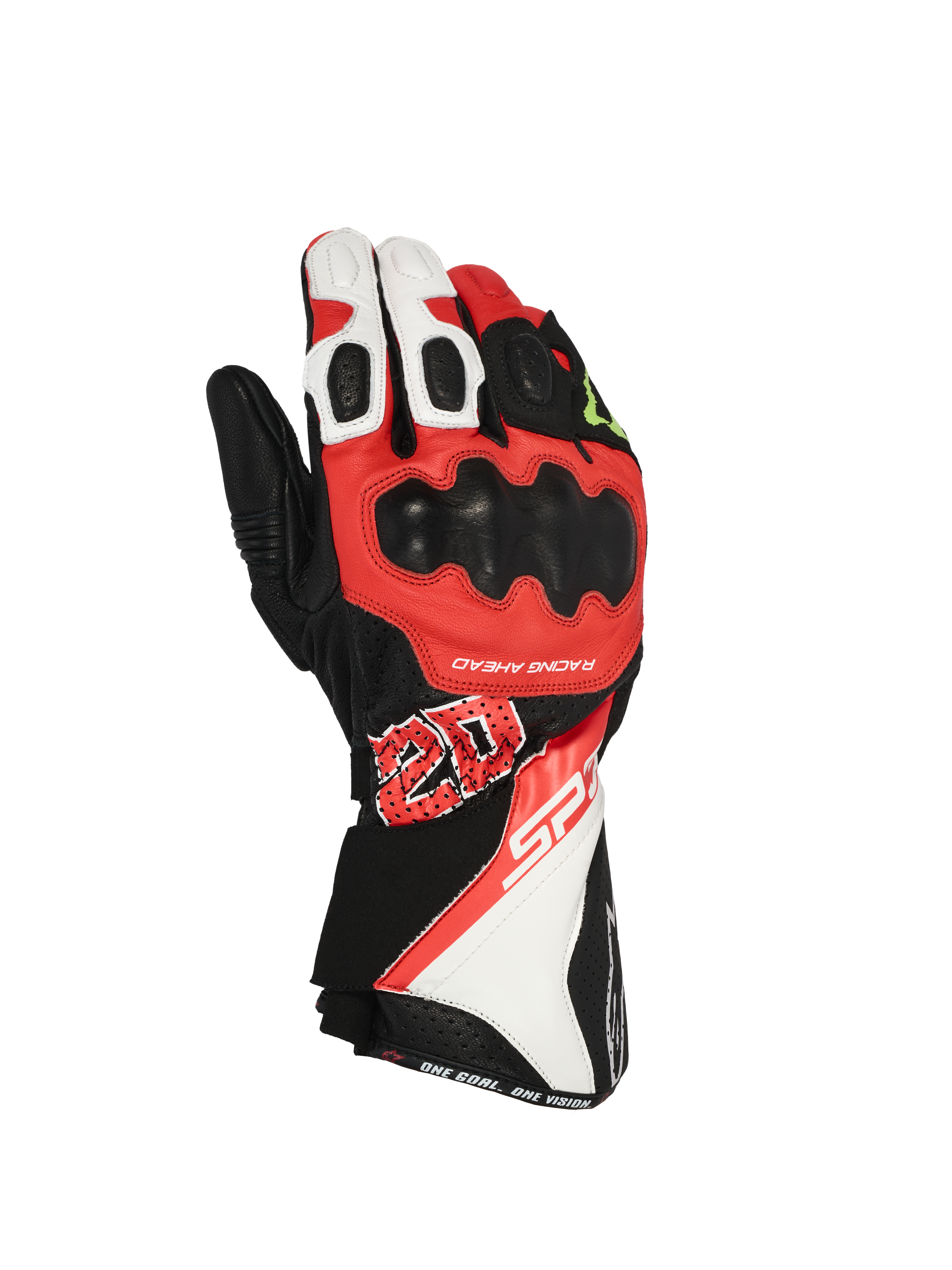 Alpinestars FQ20 SP-3 Monster Handschuhe, Motorrad-Rennhandschuhe, Schwarz, Rot Fluo und Weiß, mit langem Manschettendesign, hartem Knöchelschutz, markanter '20'-Grafik und SP-3-Branding, Lederkonstruktion für Sport- und Straßenfahrten