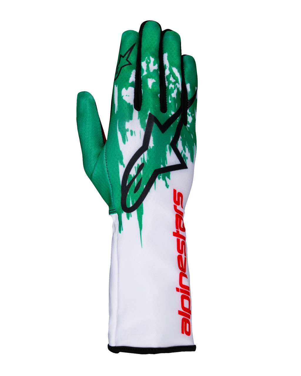 Alpinestars Tech-1 K V3 Handschuhe, Karting-Handschuhe, Weiß, Grün und Rot, großes schwarzes Stern-Logo auf dem Handrücken, vertikaler roter Alpinestars-Schriftzug auf der Stulpe, grün-weißes Grafikmuster auf den Fingern, technische enganliegende Passform