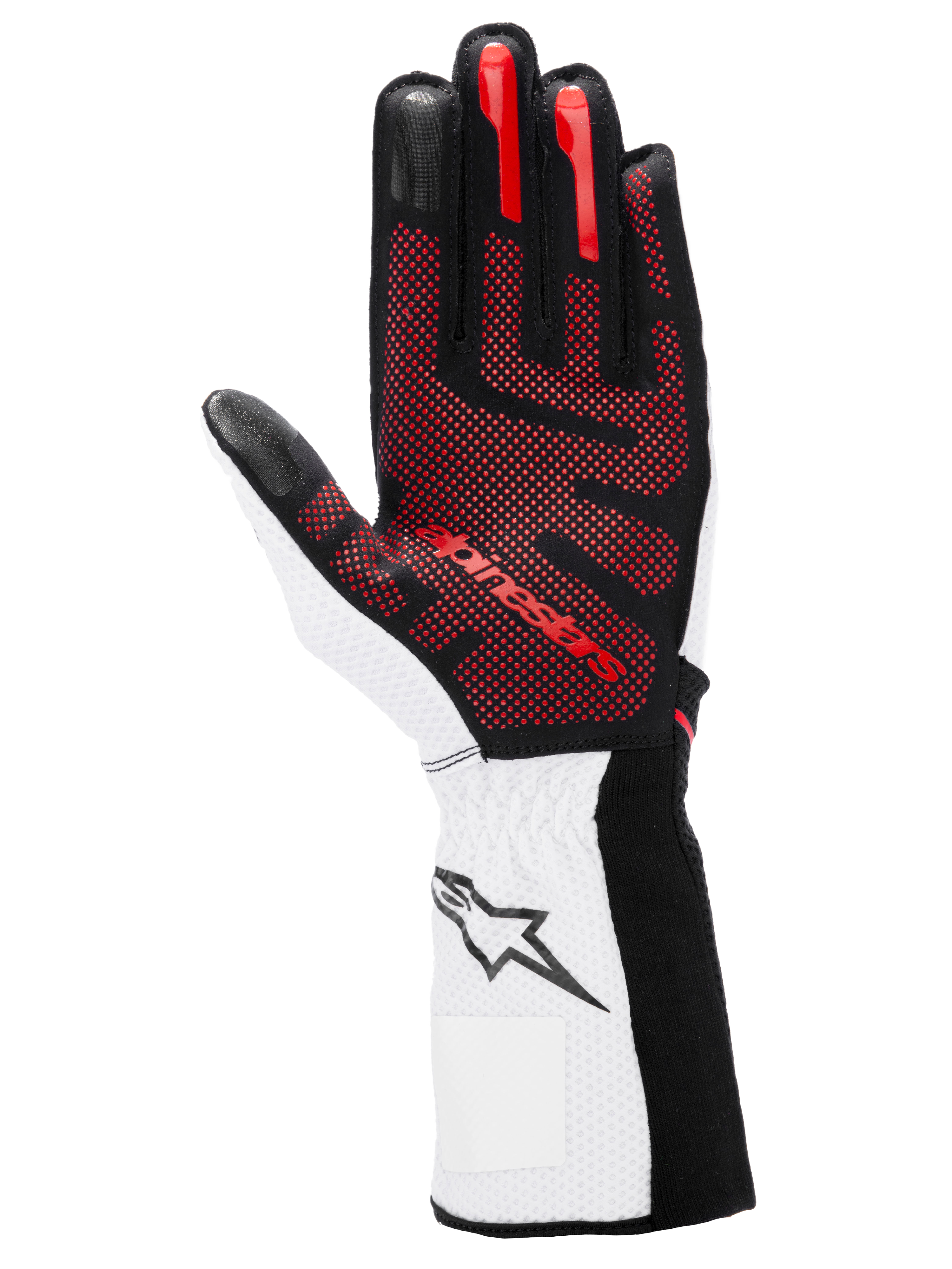 Alpinestars Tech-1 KX V4 Handschuhe, Karthandschuhe, Schwarz, Weiß und Rot, Handflächenansicht mit rotem 3D-Silikon-Gripmuster, weißes Handgelenk mit schwarzem Stern-Logo, Hochleistungs-Motorsport-Design