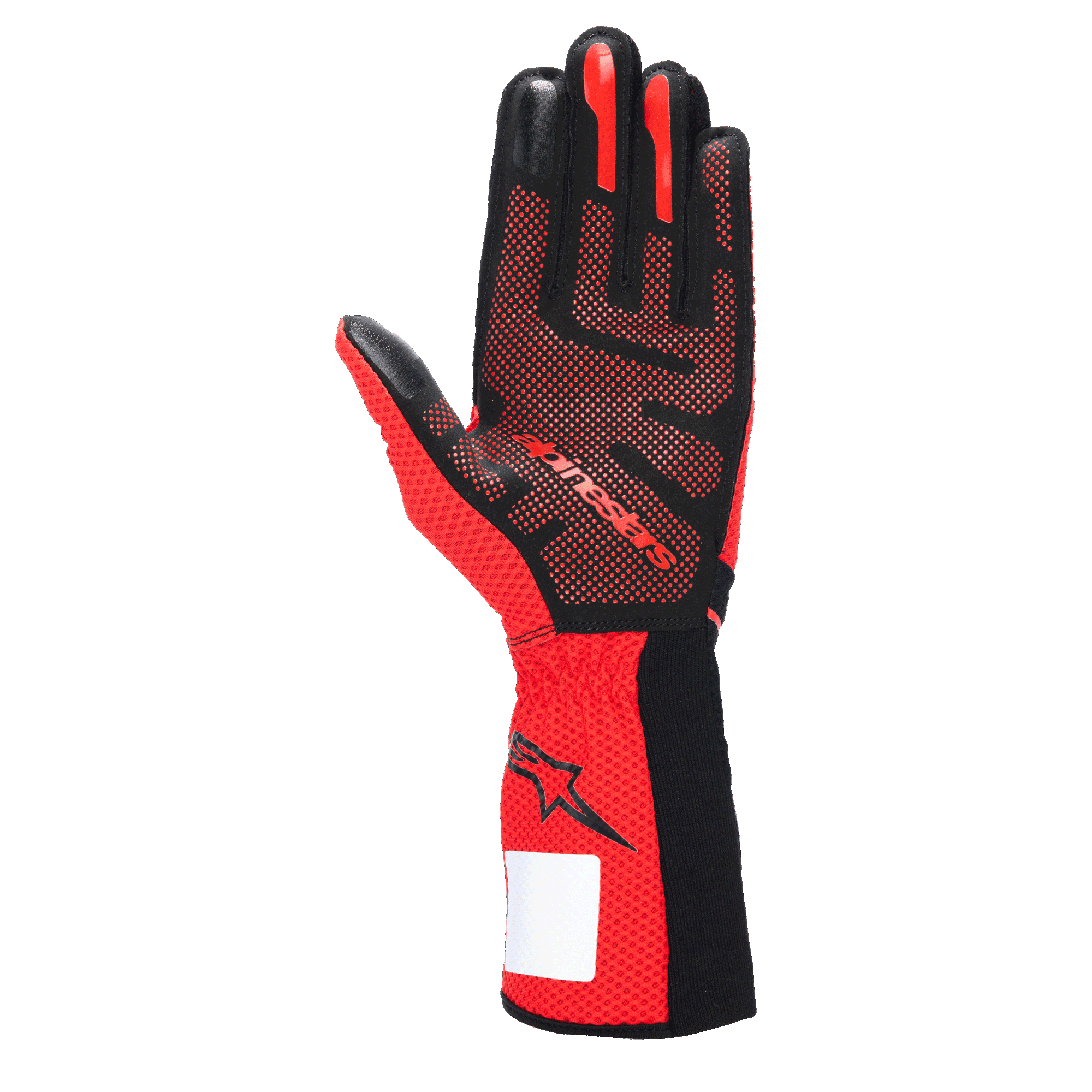 Alpinestars Tech-1 KX V4 Handschuhe, Karthandschuhe, Schwarz und Rot, Ansicht der Handfläche mit 3D-Silikon-Gripmuster, atmungsaktivem rotem Mesh-Gewebe und weißem Identifikationsetikett am Handgelenk