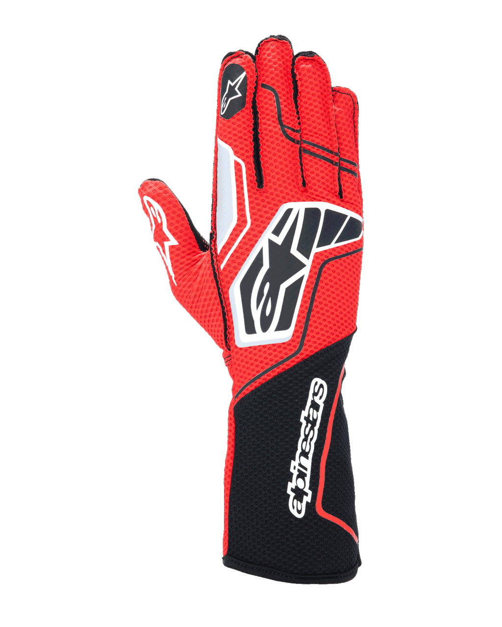 Alpinestars Tech-1 KX V4 Handschuhe, Karting-Rennhandschuhe, Rot und Schwarz mit weißen Akzenten, atmungsaktive Mesh-Konstruktion, markantes Stern-Logo auf dem Handrücken, langer Schaft mit Alpinestars-Schriftzug, professionelle Motorsportausrüstung