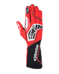 Alpinestars Tech-1 KX V4 Handschuhe, Karting-Rennhandschuhe, Rot und Schwarz mit weißen Akzenten, atmungsaktive Mesh-Konstruktion, markantes Stern-Logo auf dem Handrücken, langer Schaft mit Alpinestars-Schriftzug, professionelle Motorsportausrüstung