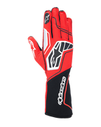Alpinestars Tech-1 KX V4 Handschuhe, Karting-Rennhandschuhe, Rot und Schwarz mit weißen Akzenten, atmungsaktive Mesh-Konstruktion, markantes Stern-Logo auf dem Handrücken, langer Schaft mit Alpinestars-Schriftzug, professionelle Motorsportausrüstung