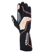 Alpinestars Tech-1 KX V4 Gloves, Karting Gloves, Black and Fluorescent Orange, showing breathable mesh construction, orange and white graphic details, Alpinestars logo on knuckles and cuff, professional racing design