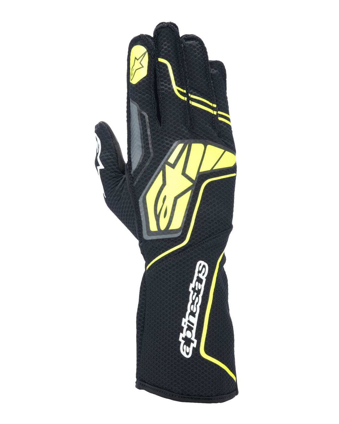 Alpinestars Tech-1 KX V4 Handschuhe, Karting-Rennhandschuhe, Teergrau, Schwarz und Gelb Fluo, Handrückenansicht mit atmungsaktiver Mesh-Konstruktion, großes gelbes Alpinestars-Logo, weißer Schriftzug am Handgelenk, gelber Stern am Zeigefinger, modernes sportliches Design