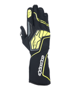 Alpinestars Tech-1 KX V4 Gloves, Karting Racing Gloves, Tar Gray, Black and Yellow Fluo, backhand view featuring breathable mesh construction, large yellow Alpinestars logo, white wordmark on the wrist, yellow star on index finger, modern sporty design