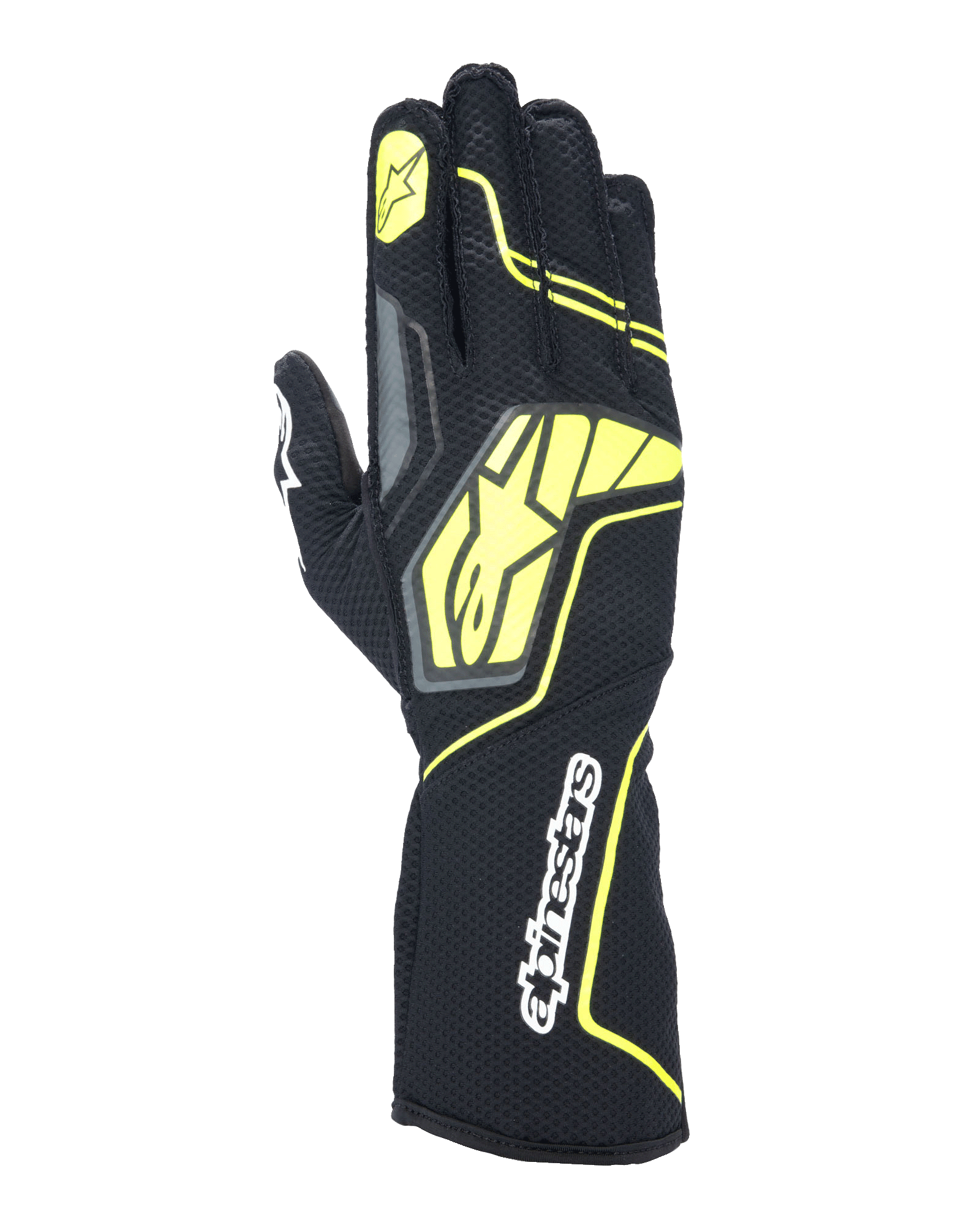 Alpinestars Tech-1 KX V4 Gloves, Karting Racing Gloves, Tar Gray, Black and Yellow Fluo, backhand view featuring breathable mesh construction, large yellow Alpinestars logo, white wordmark on the wrist, yellow star on index finger, modern sporty design