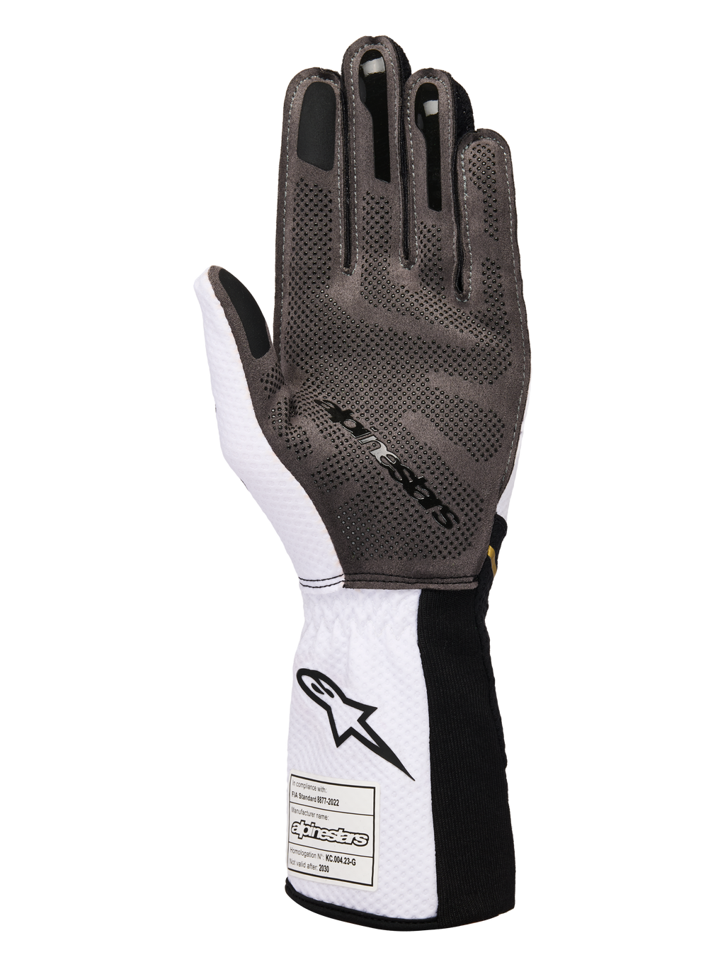 Alpinestars Tech-1 KX V4 Handschuhe, Kart-Handschuhe, Weiß, Schwarz und Gold, Innenhandansicht mit 3D-Silikon-Gripmuster, atmungsaktiver weißer Mesh-Konstruktion und FIA 8877-2022 Zertifizierungsetikett an der Manschette.