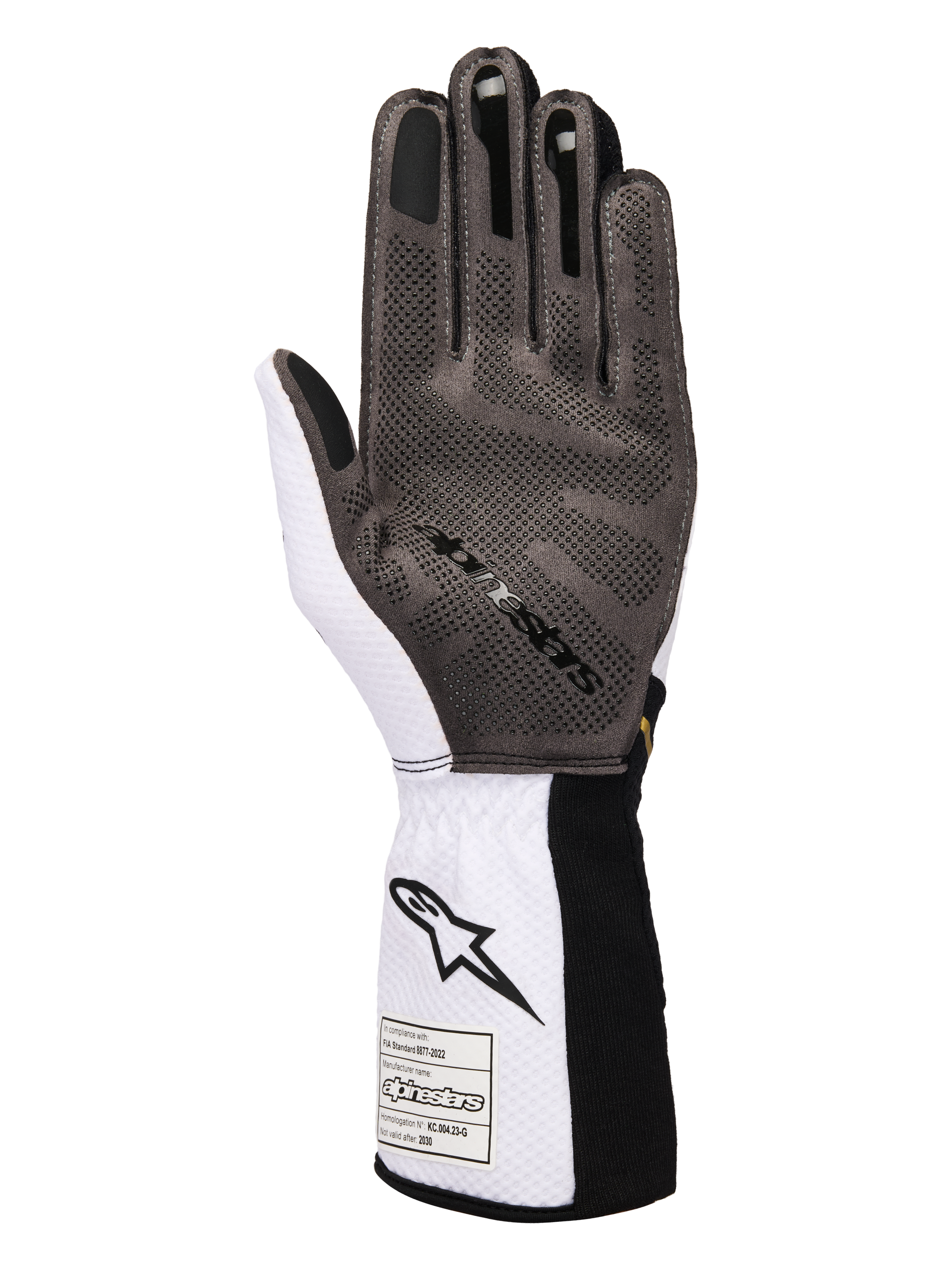 Alpinestars Tech-1 KX V4 Handschuhe, Kart-Handschuhe, Weiß, Schwarz und Gold, Innenhandansicht mit 3D-Silikon-Gripmuster, atmungsaktiver weißer Mesh-Konstruktion und FIA 8877-2022 Zertifizierungsetikett an der Manschette.