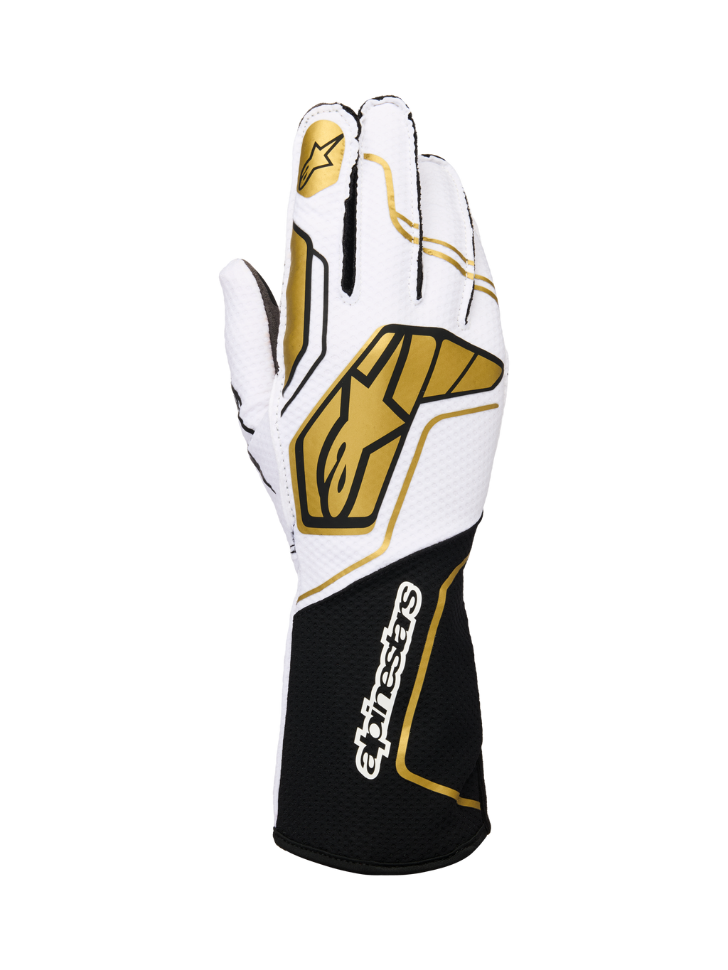 Alpinestars Tech-1 KX V4 Handschuhe, Karting-Rennhandschuhe, Weiß und Schwarz mit goldenen Akzenten, mit goldenem Stern-Logo auf dem Zeigefinger und großen geometrischen Mustern auf dem Handrücken, atmungsaktive Mesh-Konstruktion mit schwarzer Manschette und weißem Branding, ergonomisches Design für Motorsport-Performance