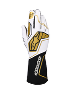 Alpinestars Tech-1 KX V4 Handschuhe, Karting-Rennhandschuhe, Weiß und Schwarz mit goldenen Akzenten, mit goldenem Stern-Logo auf dem Zeigefinger und großen geometrischen Mustern auf dem Handrücken, atmungsaktive Mesh-Konstruktion mit schwarzer Manschette und weißem Branding, ergonomisches Design für Motorsport-Performance