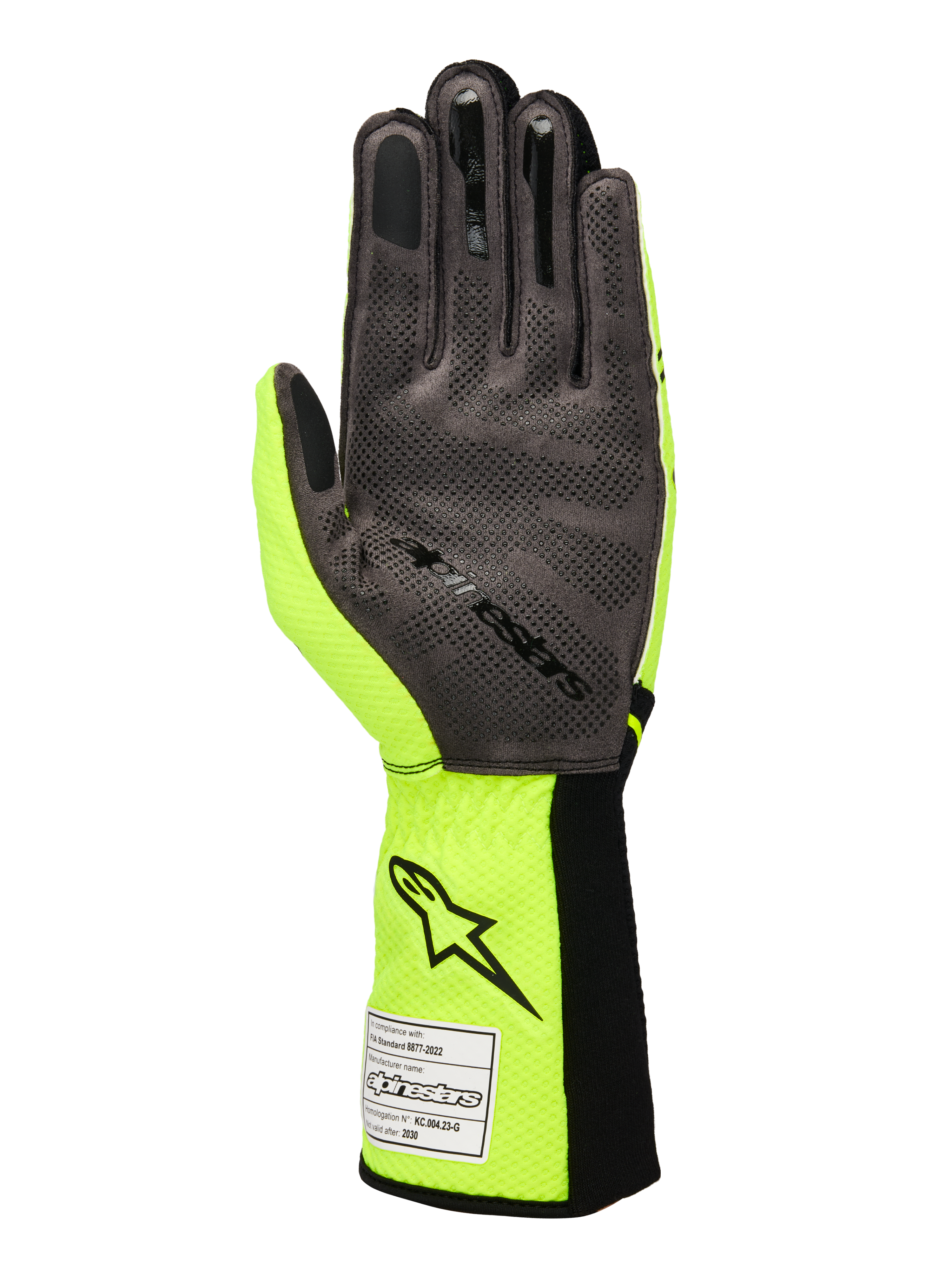 Alpinestars Tech-1 KX V4 Handschuhe, Kart-Handschuhe, Gelb Fluo und Schwarz, Handflächenansicht mit grauem synthetischem Wildleder und 3D-Silikon-Gripmuster, FIA-Homologationsetikett am gerippten Bündchen, Performance-Racing-Design