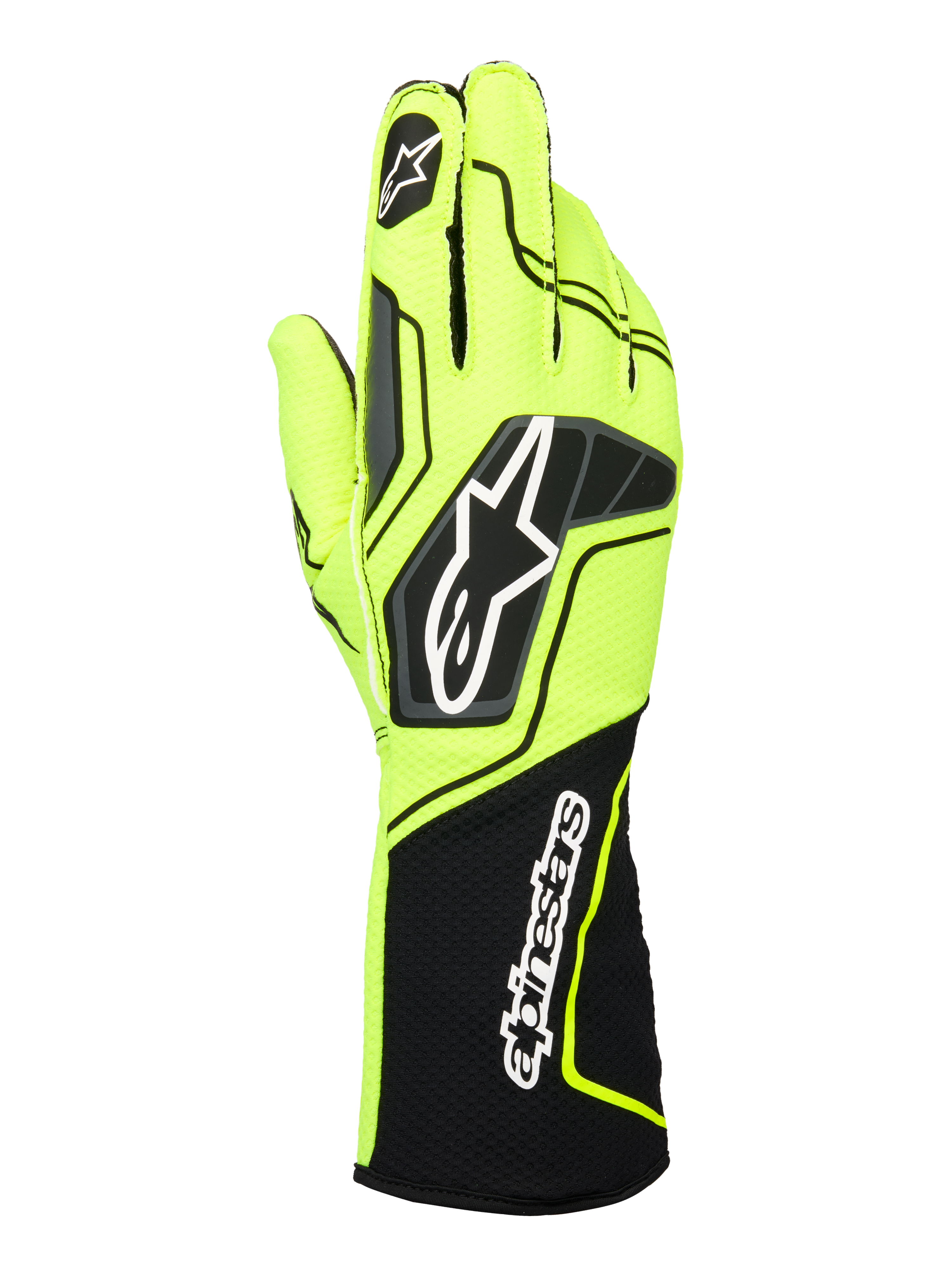 Alpinestars Tech-1 KX V4 Handschuhe, Karting-Rennhandschuhe, Neongelb und Schwarz, Rückansicht mit atmungsaktiver zweilagiger Mesh-Konstruktion, markantem Astar-Logo auf dem Handrücken und Alpinestars-Schriftzug auf der verlängerten gerippten Stulpe, ergonomisches Performance-Design
